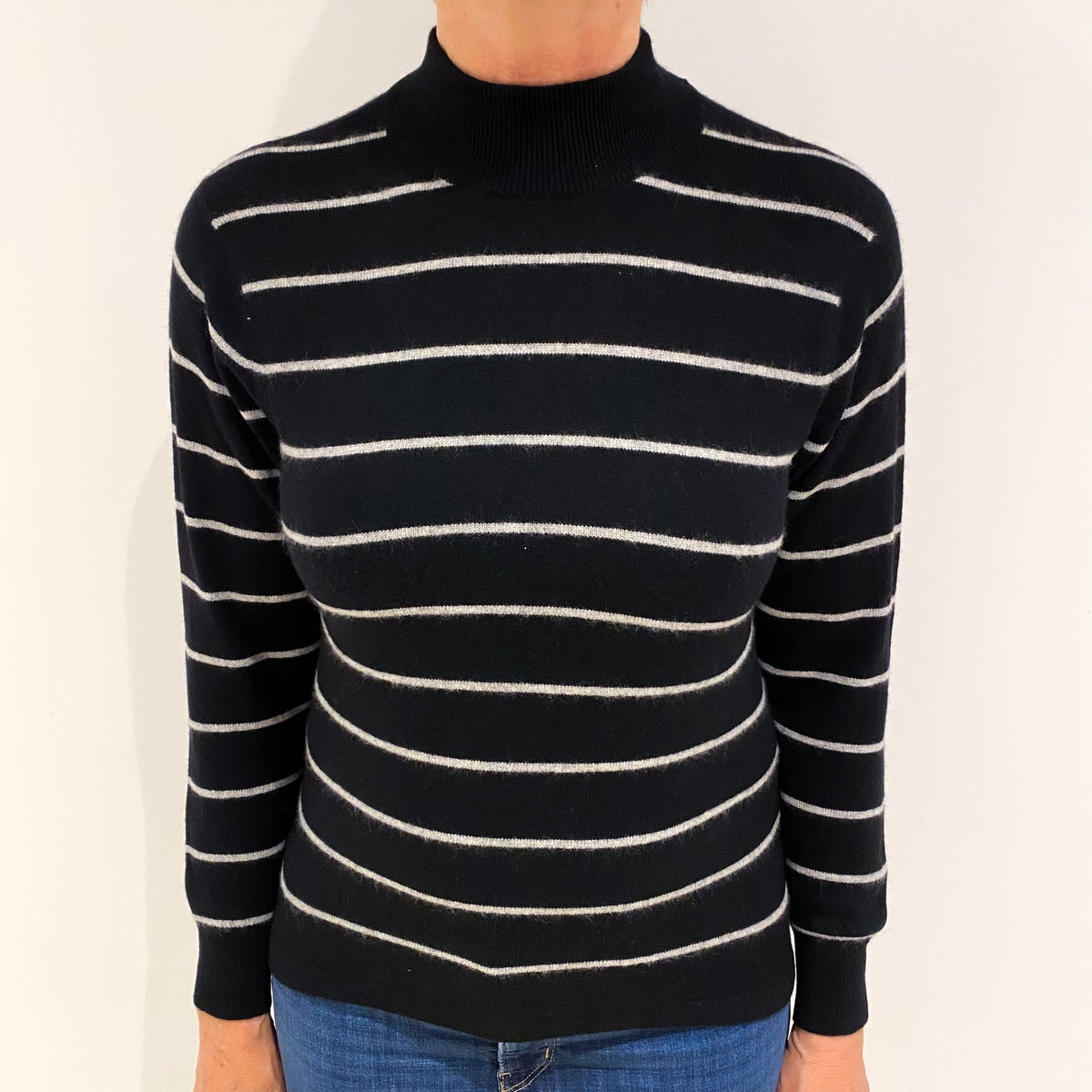 Black and Grey Striped Cashmere Turtle Neck Jumper Medium