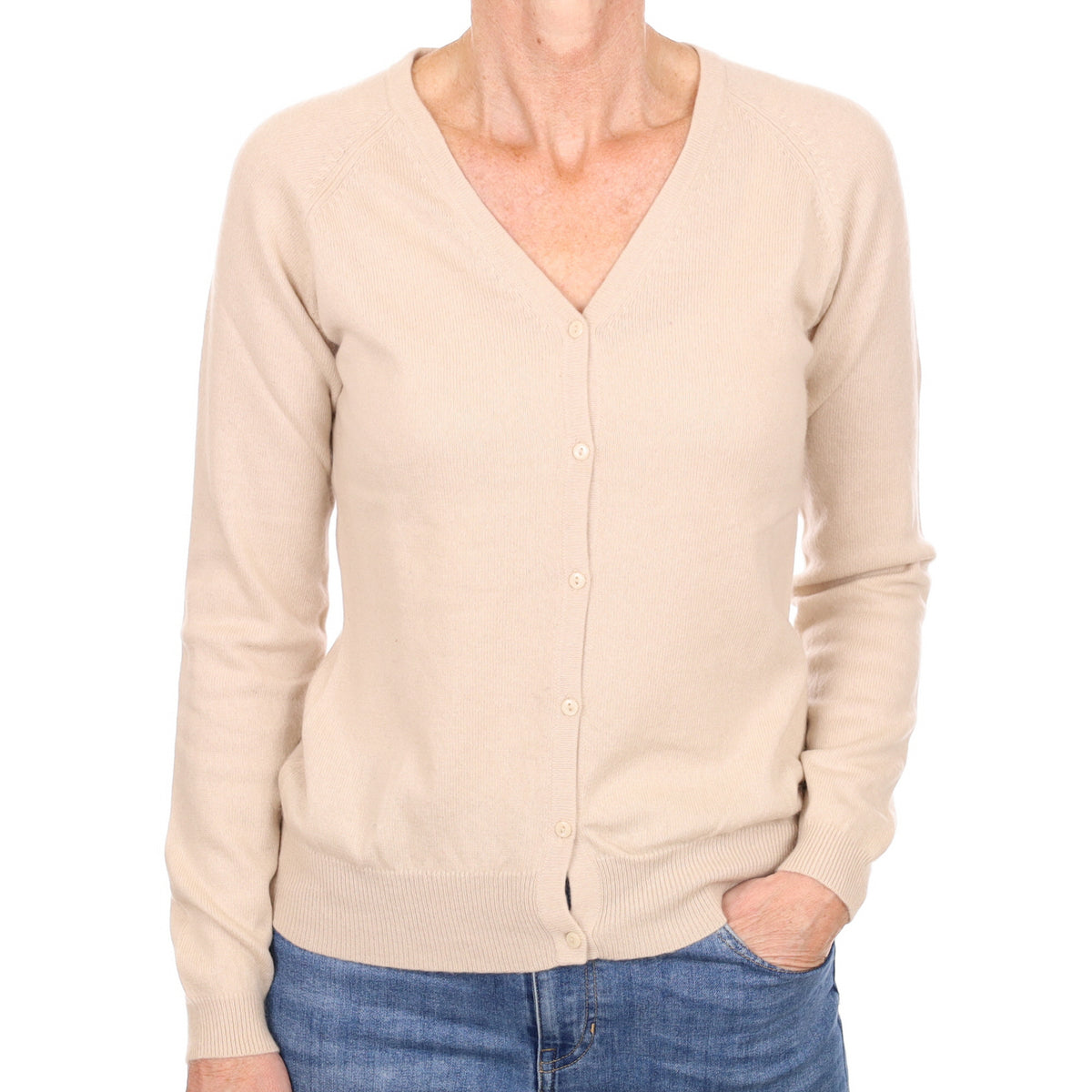 Soft Beige Cashmere V Neck Cardigan Small