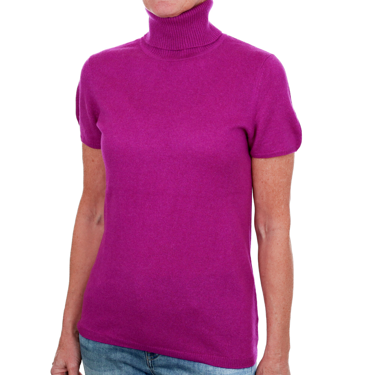 Magenta Pink Cashmere Polo Neck Short Sleeved Jumper Small