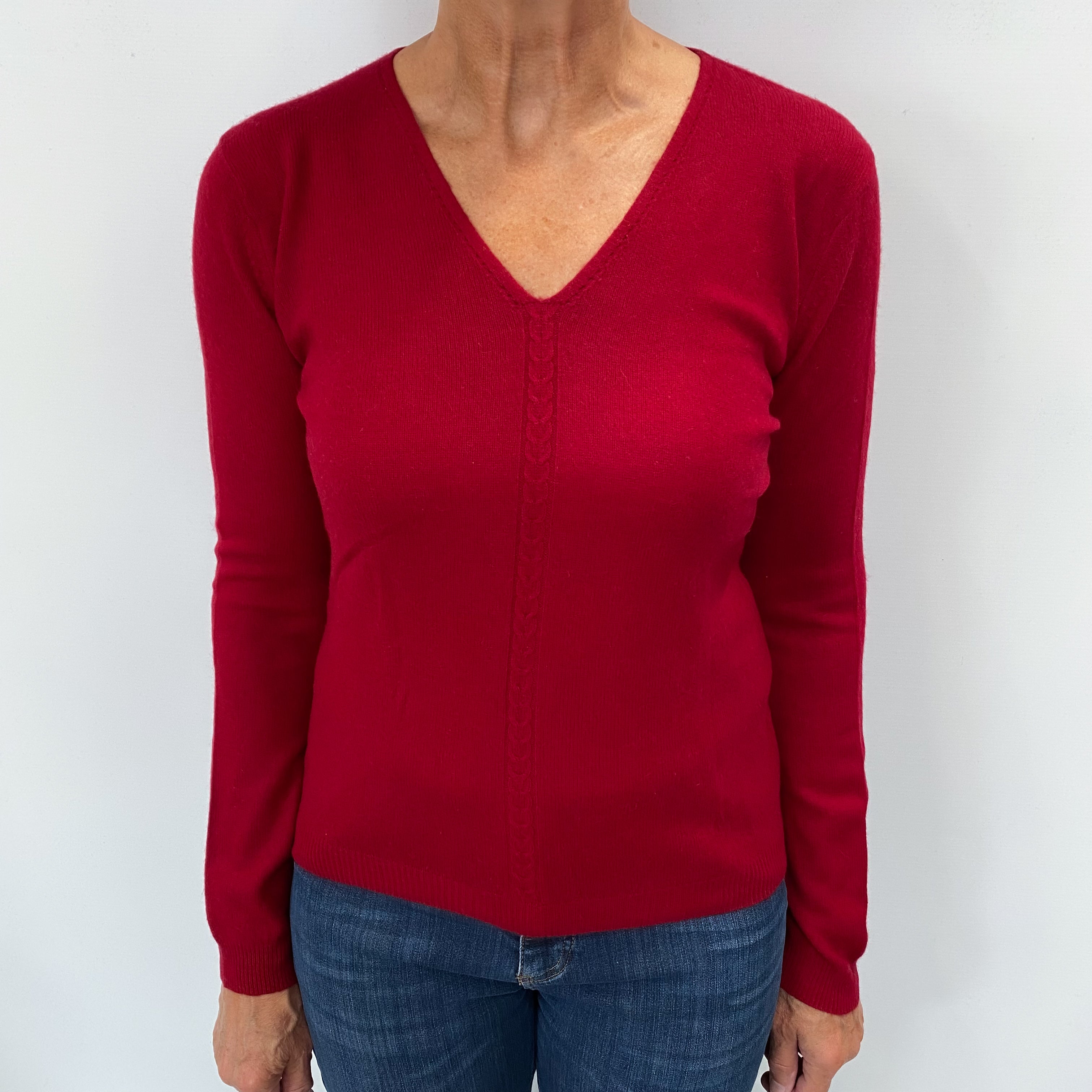 Crimson Red Cashmere V Neck Jumper Medium