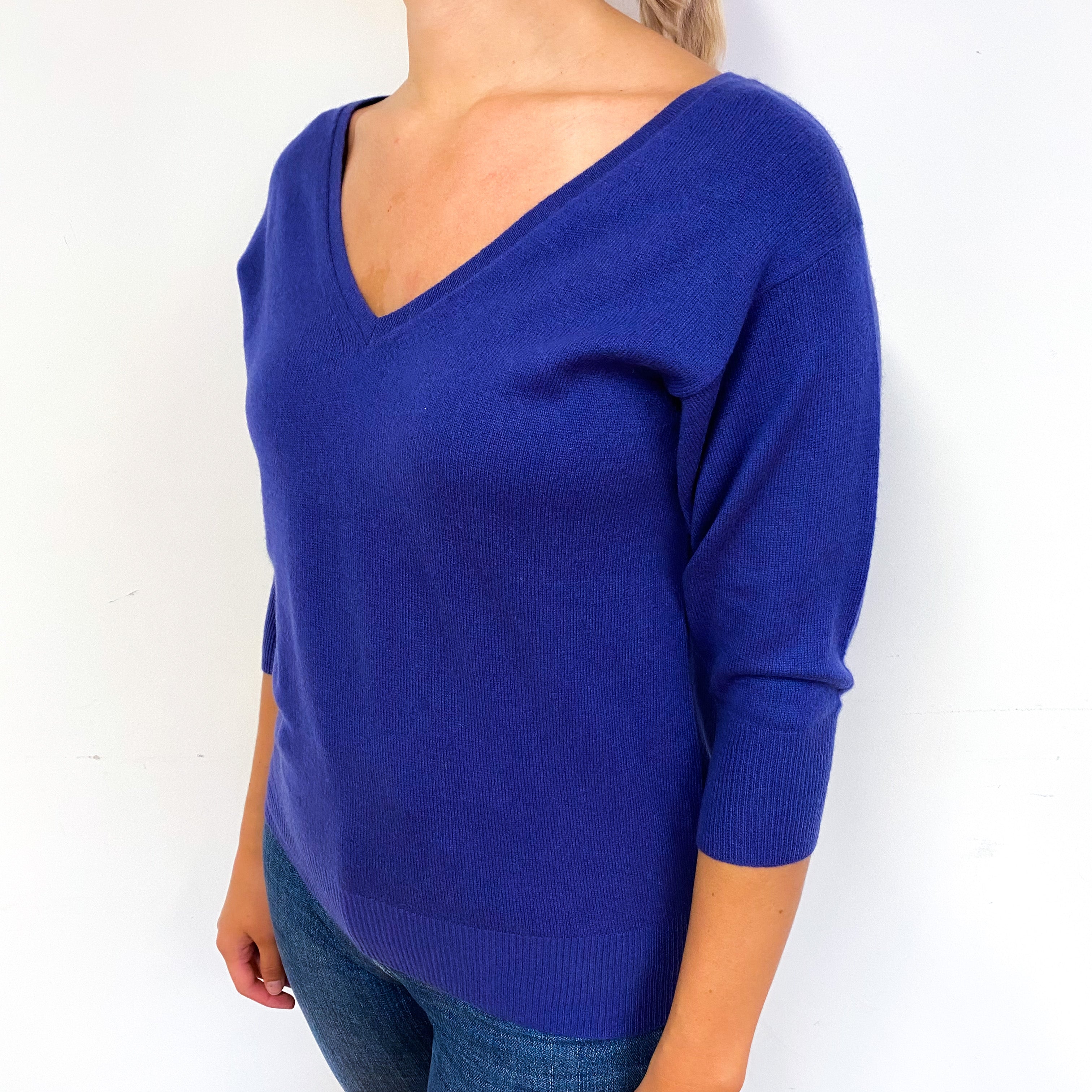 Indigo Blue 3/4 Sleeve Cashmere V-Neck Jumper Small