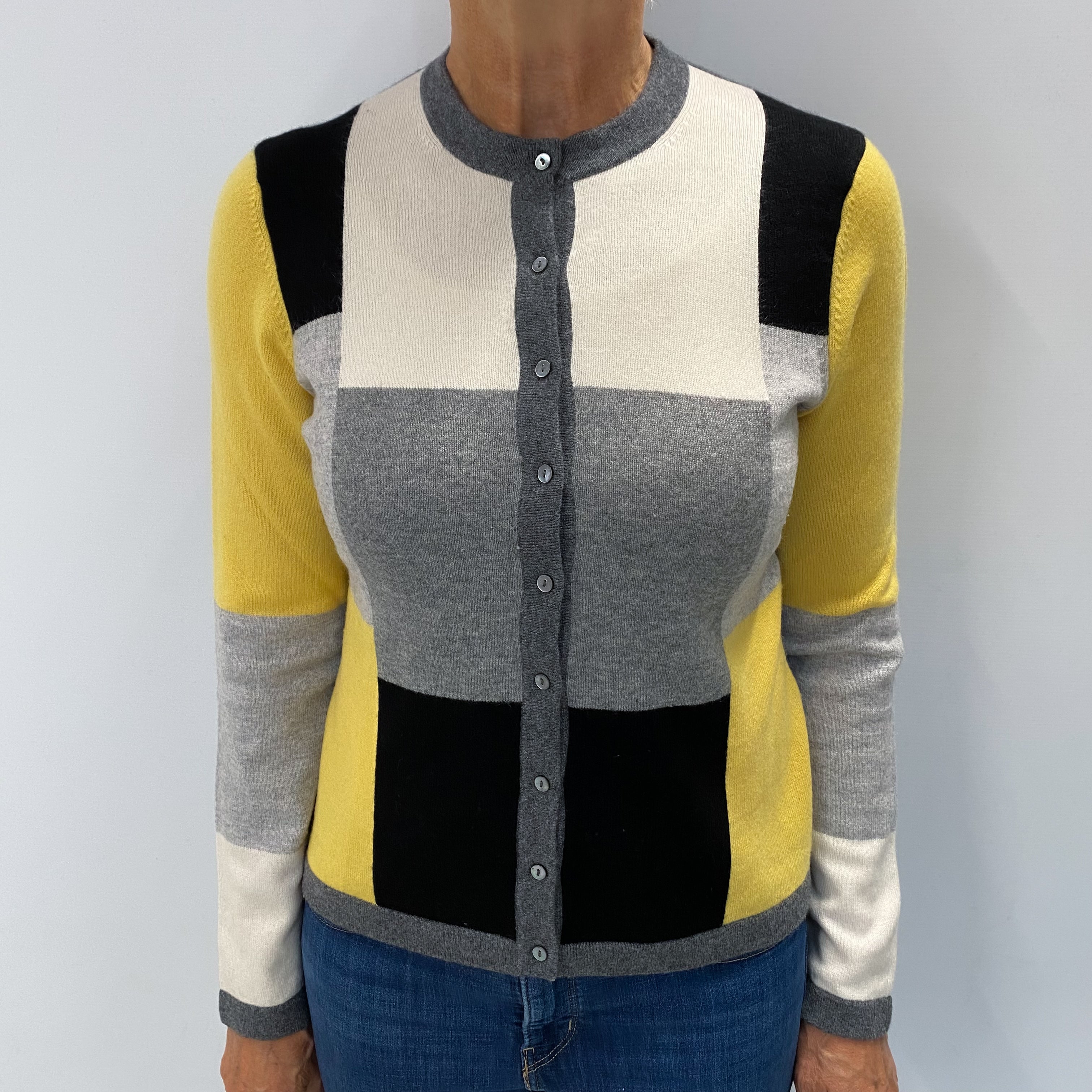 Grey and Yellow Block Cashmere Crew Neck Cardigan Medium