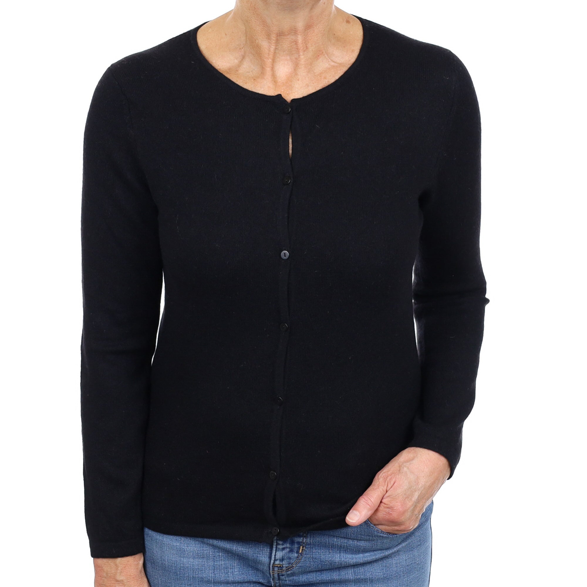 Black Cashmere Crew Neck Cardigan Medium