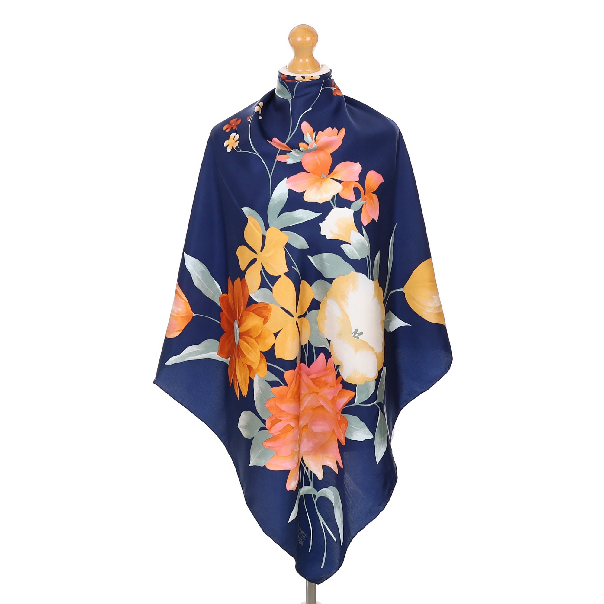 Pristine Emmanuelle Khanh Navy Blue Floral Silk Scarf