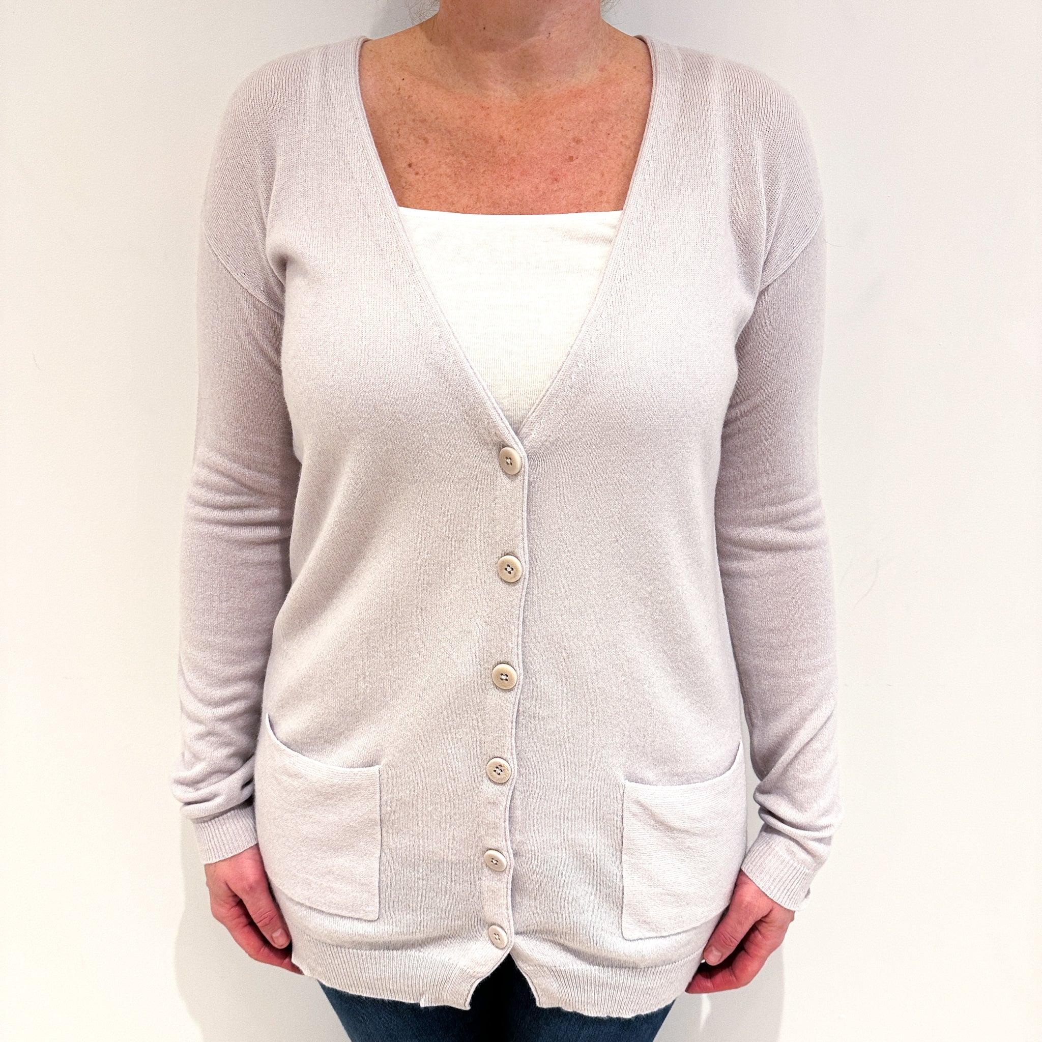 Palest Grey Cashmere V-Neck Cardigan Large