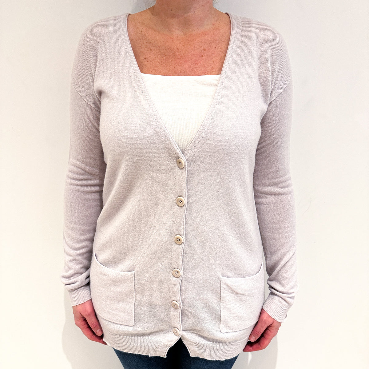 Palest Grey Cashmere V-Neck Cardigan Large