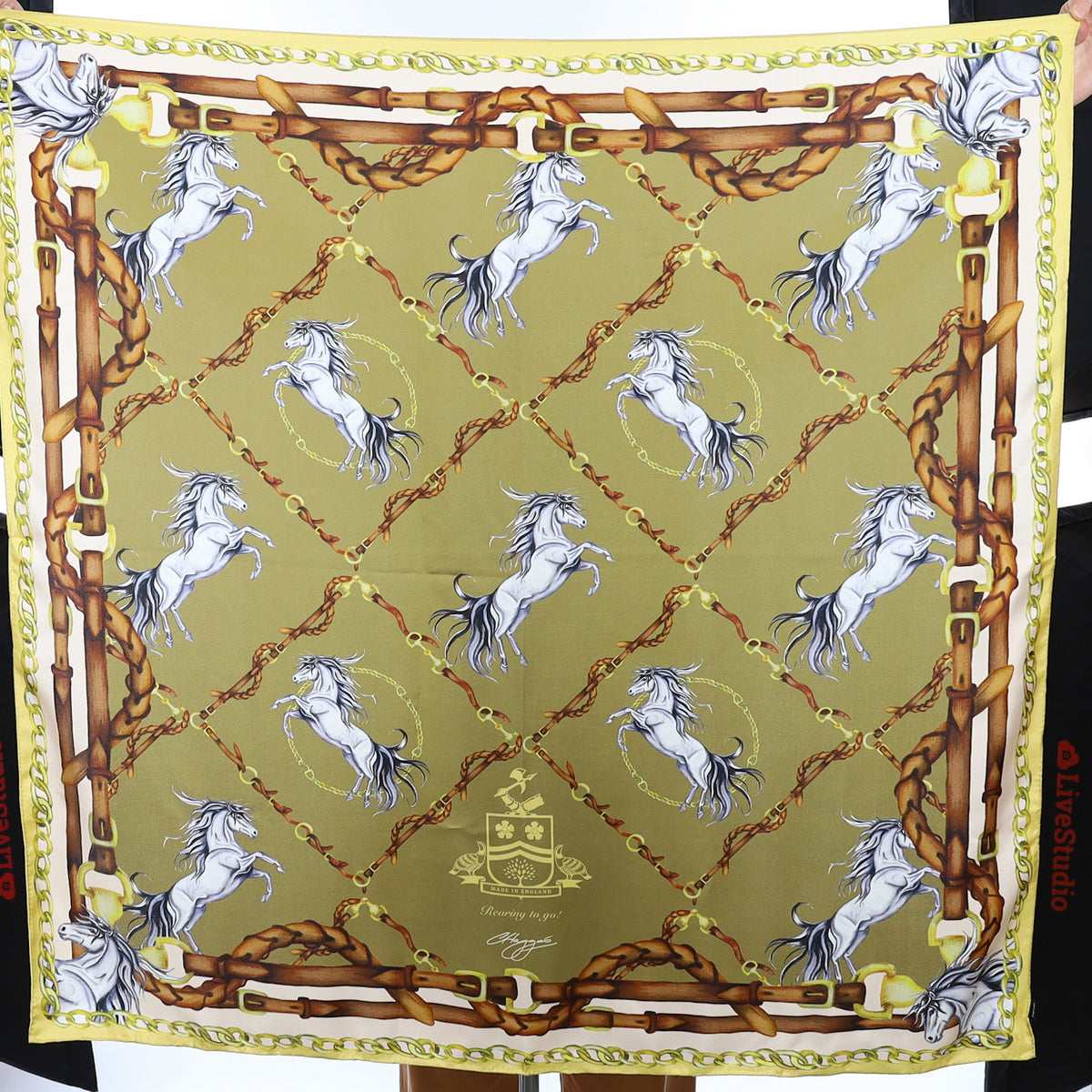 Boxed Unworn Clare Haggas Equine Olive Silk Scarf