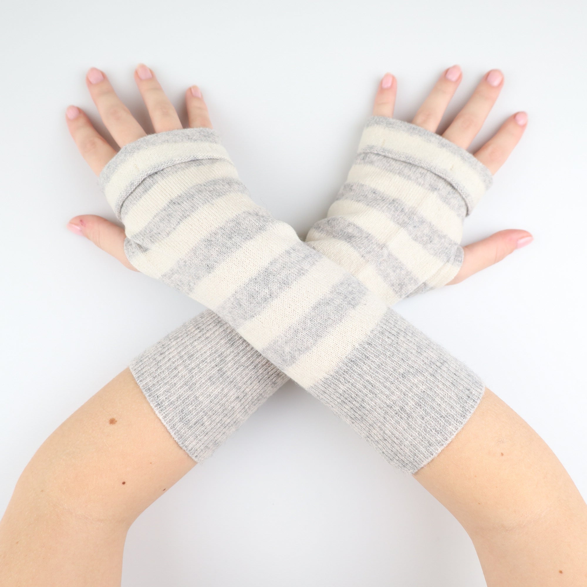 Vanilla Cream and Grey Striped Fingerless Gloves