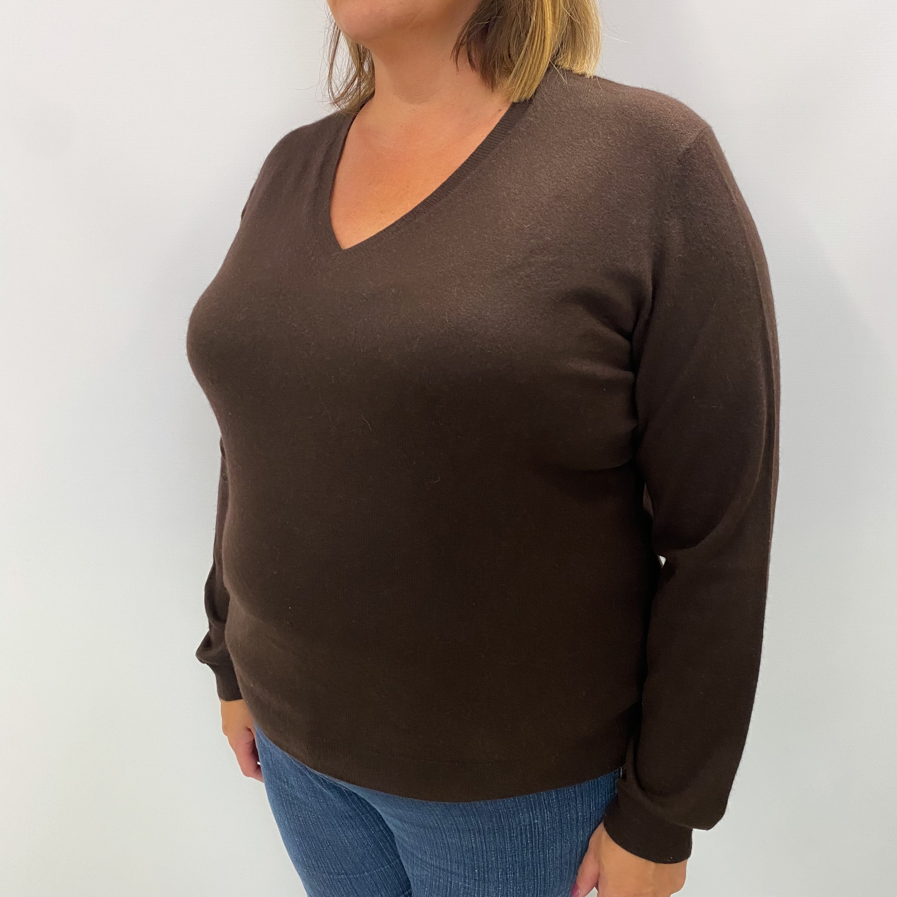 Peppercorn Brown Cashmere V Neck Jumper Extra Large
