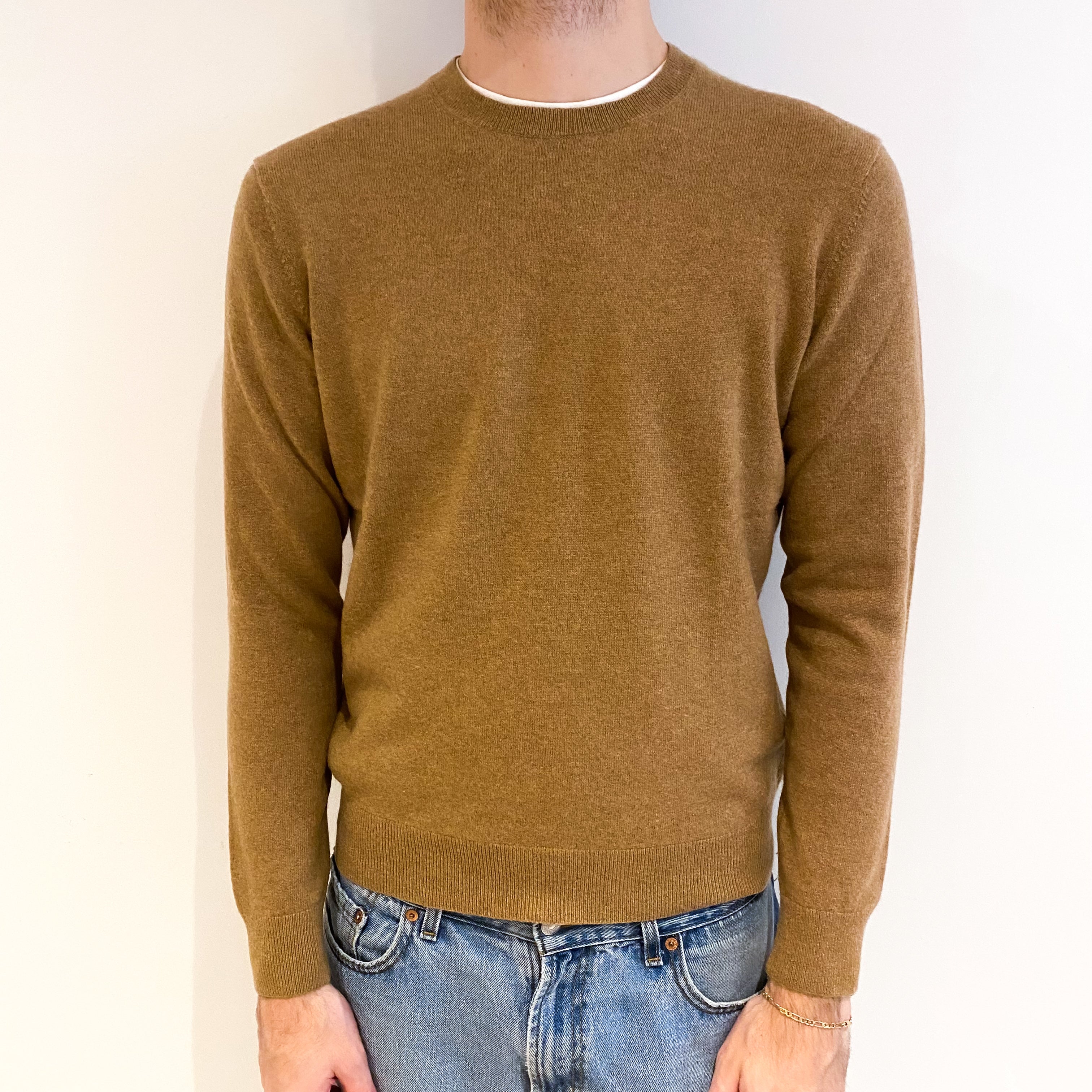 Men's Camel Brown Cashmere Crew Neck Jumper Large