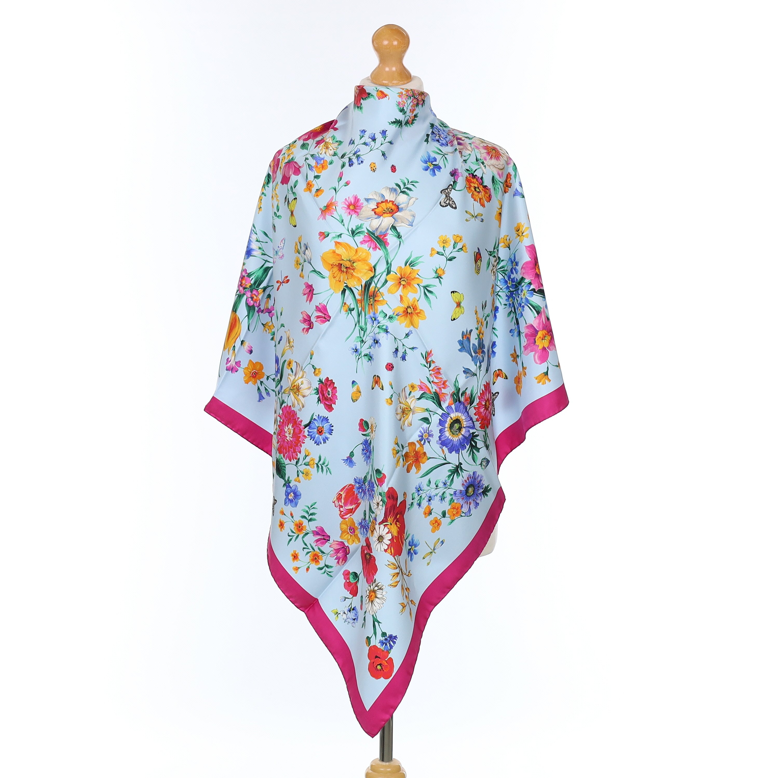 Brand New Italian Blue and Pink Floral Silk Scarf