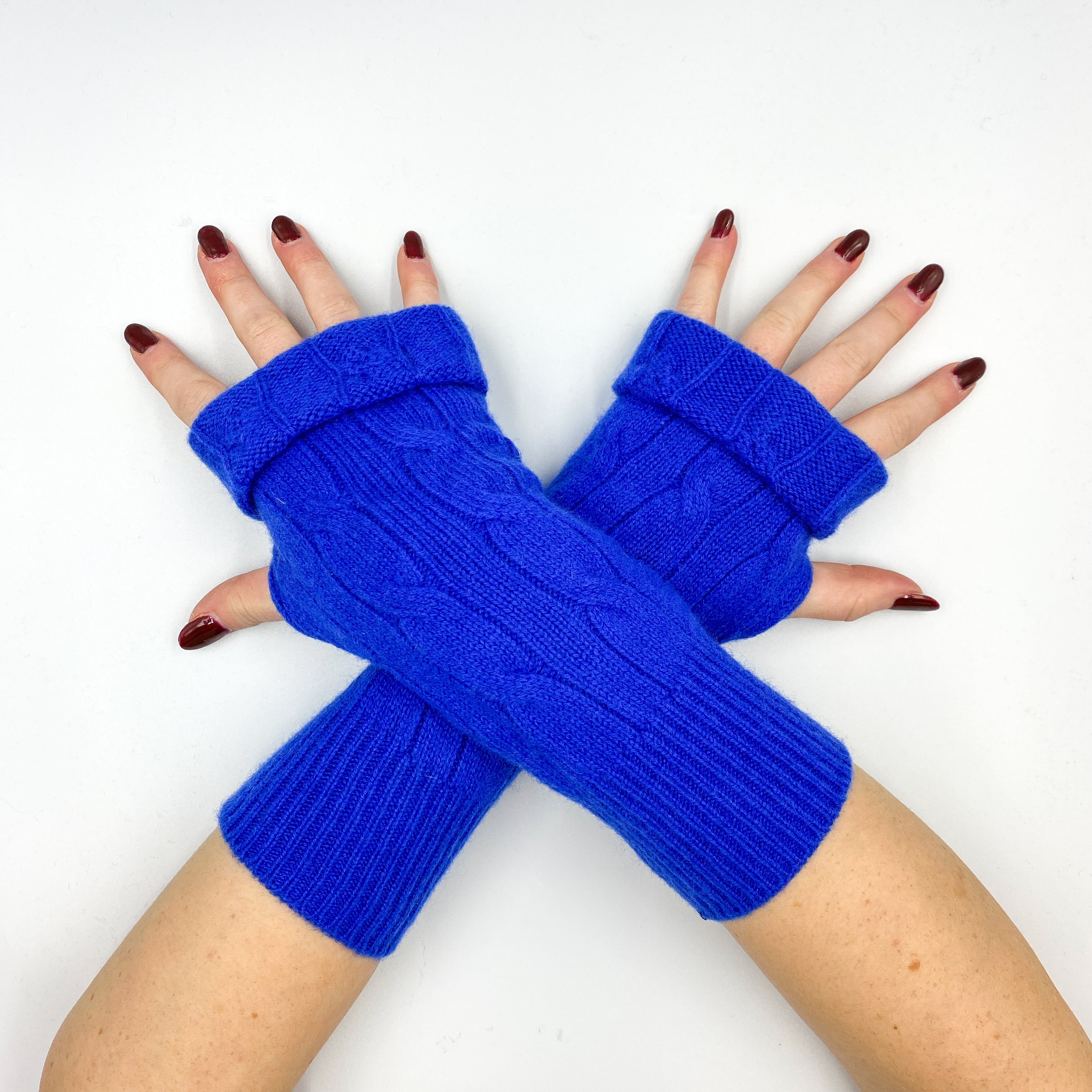 Cobalt Blue Cable Knit Fingerless Gloves