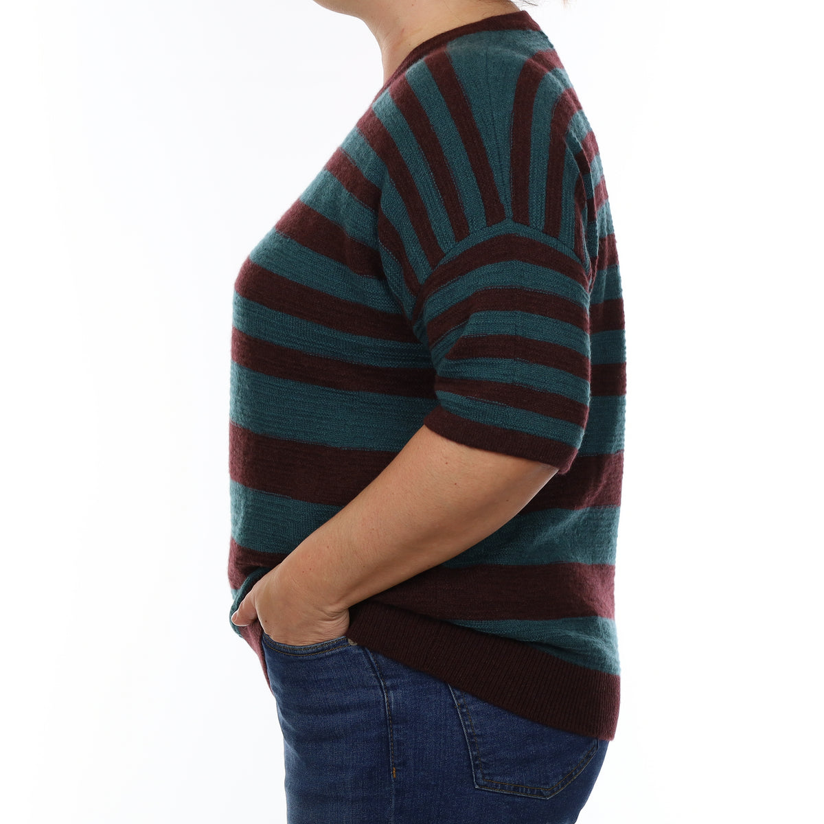 Brand New Scottish Sea Green and Chocolate Striped Cashmere Crew Neck Jumper Large