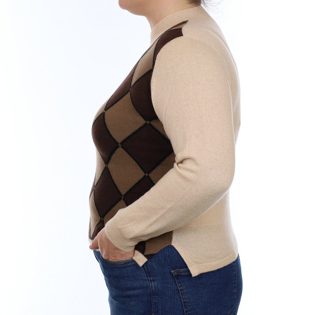 Beige and Brown Diamond Cashmere Turtle Neck Jumper Large