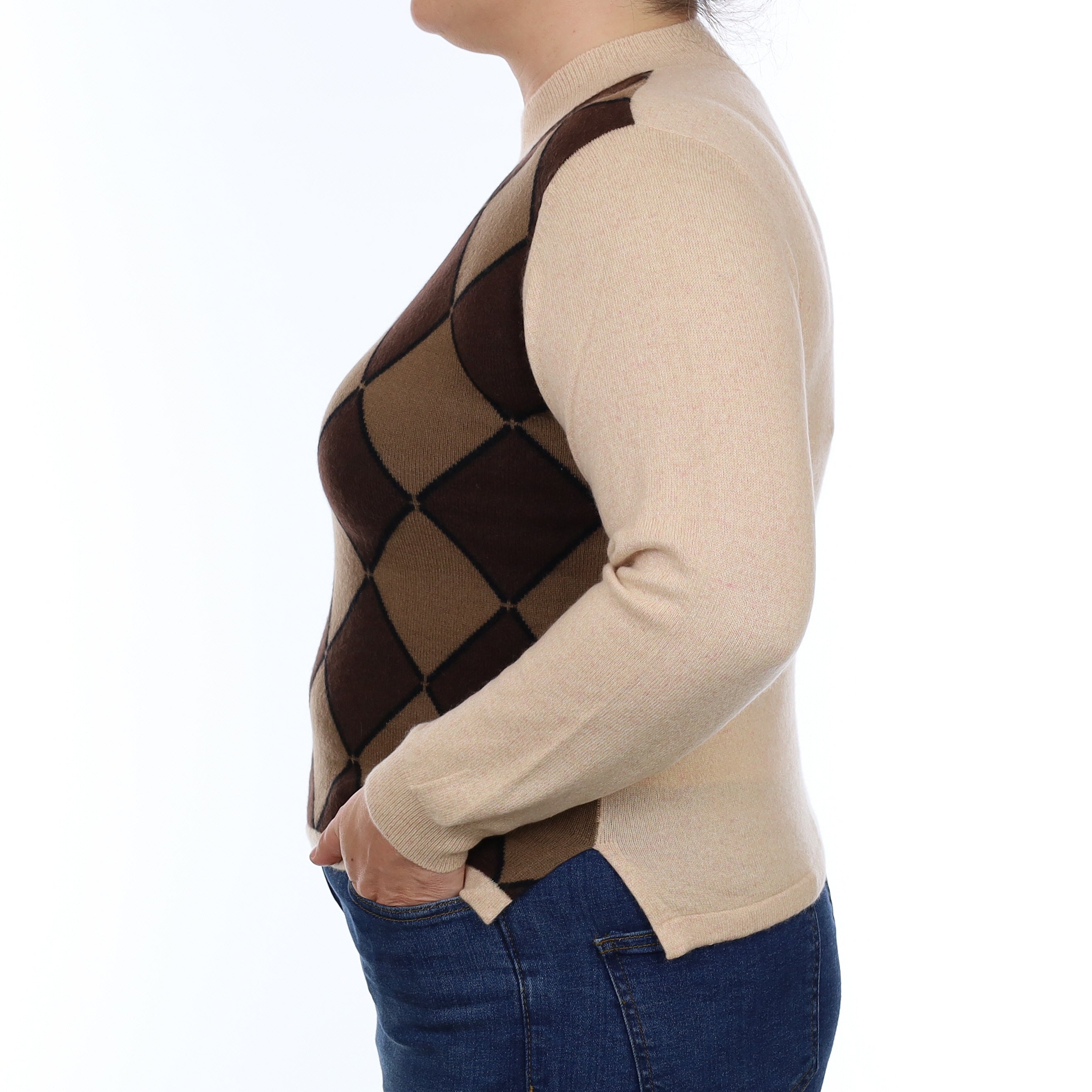 Beige and Brown Diamond Cashmere Turtle Neck Jumper Large