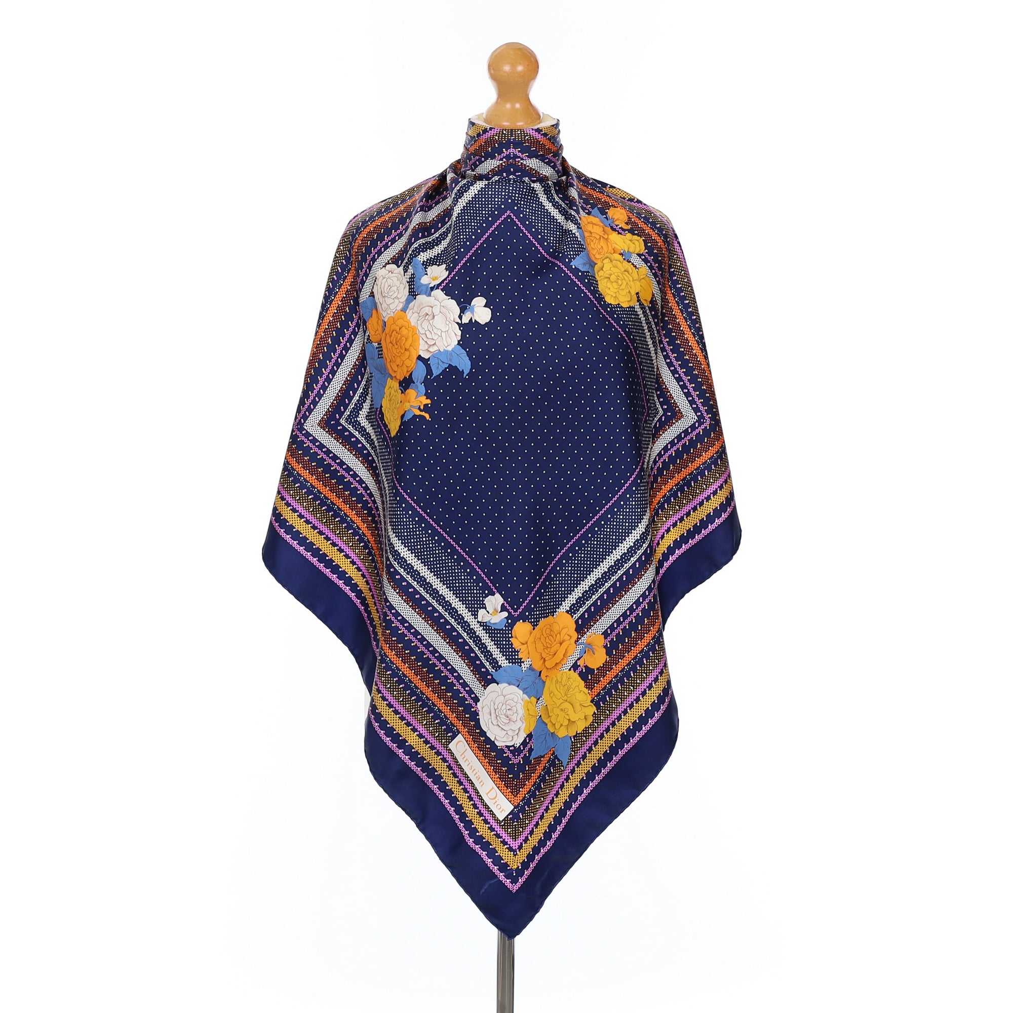 Christian Dior Navy Blue Patterned Vintage Silk Scarf
