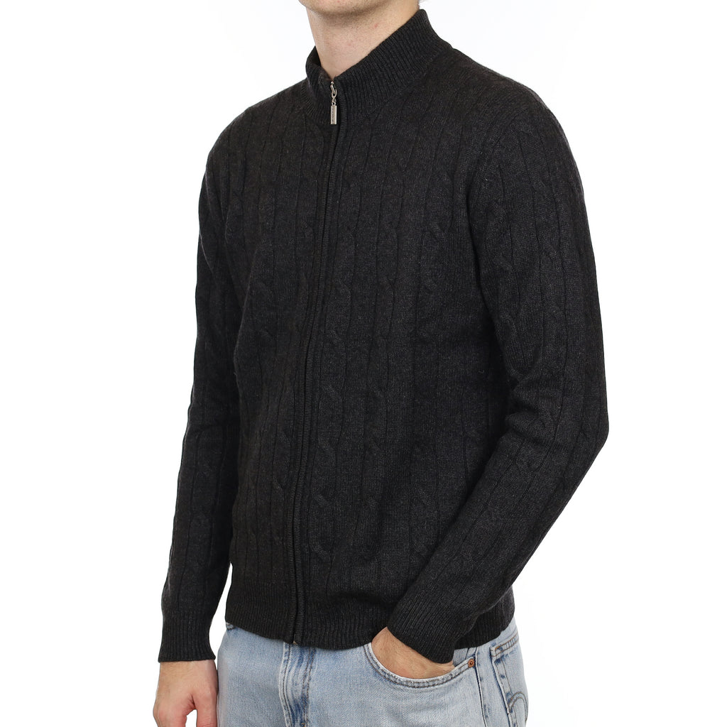 Men's Yorn Charcoal Grey Cable Cashmere Zip Up Cardigan Large