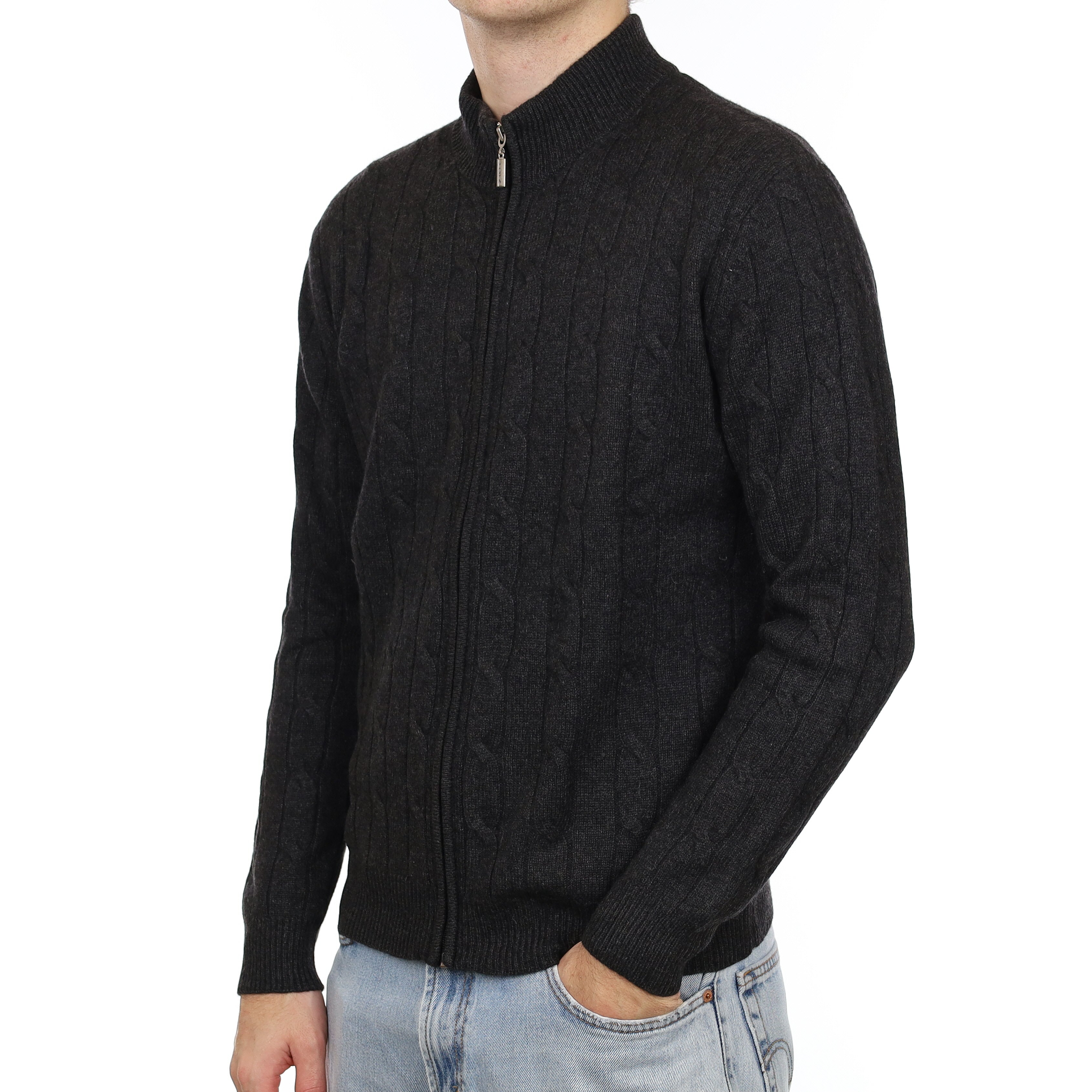 Men's Yorn Charcoal Grey Cable Cashmere Zip Up Cardigan Large
