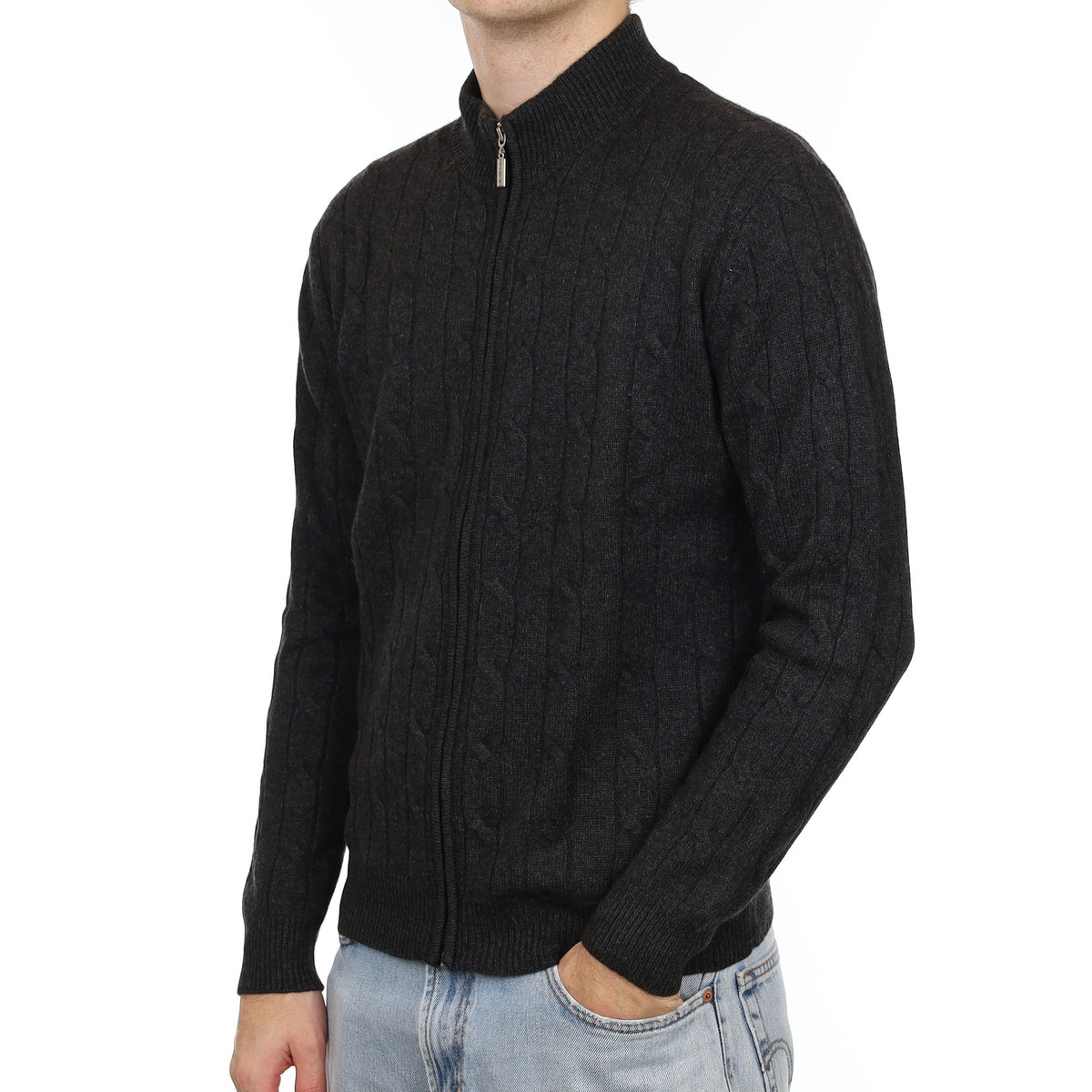 Men's Yorn Charcoal Grey Cable Cashmere Zip Up Cardigan Large