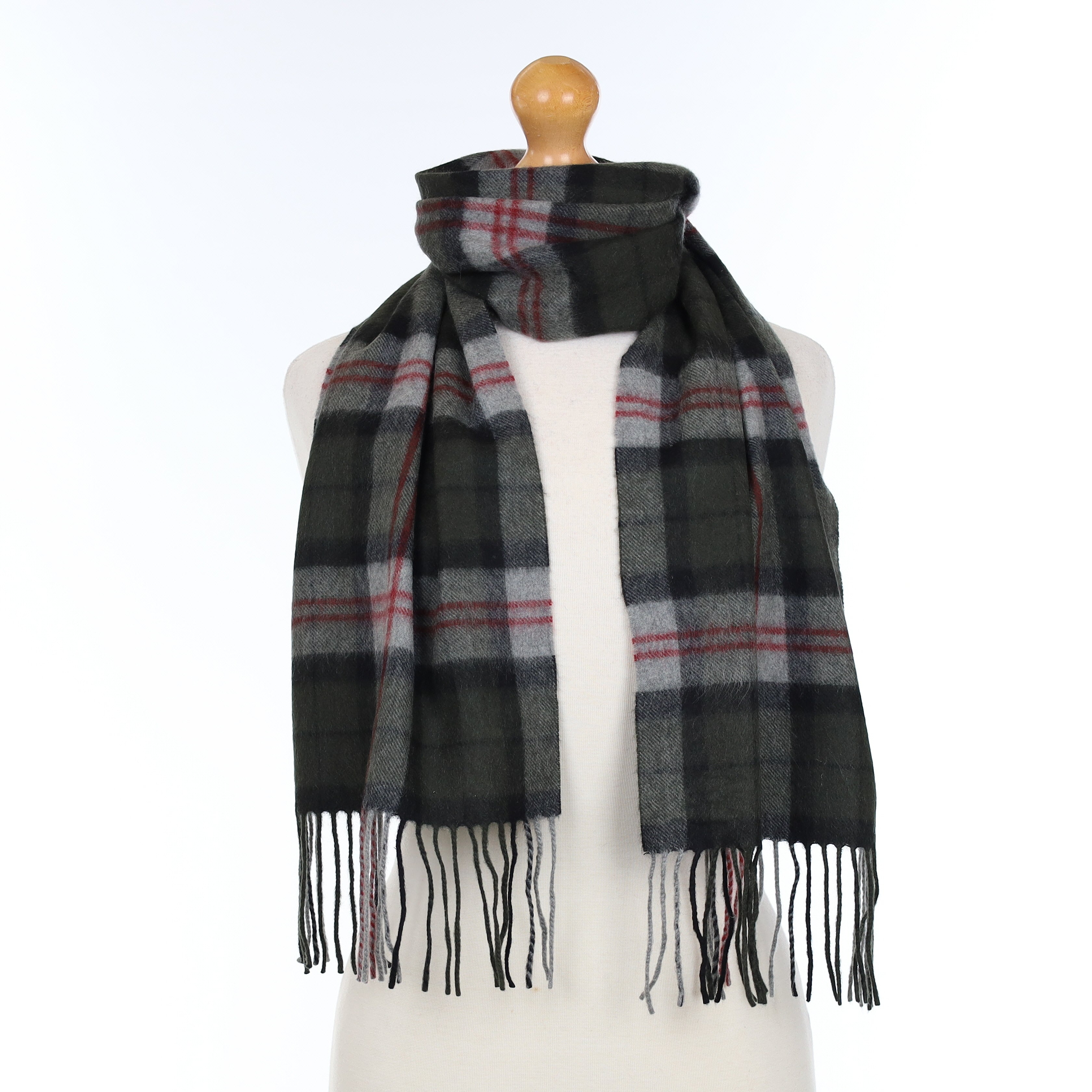 Grey and Red Checked Cashmere Woven Scarf