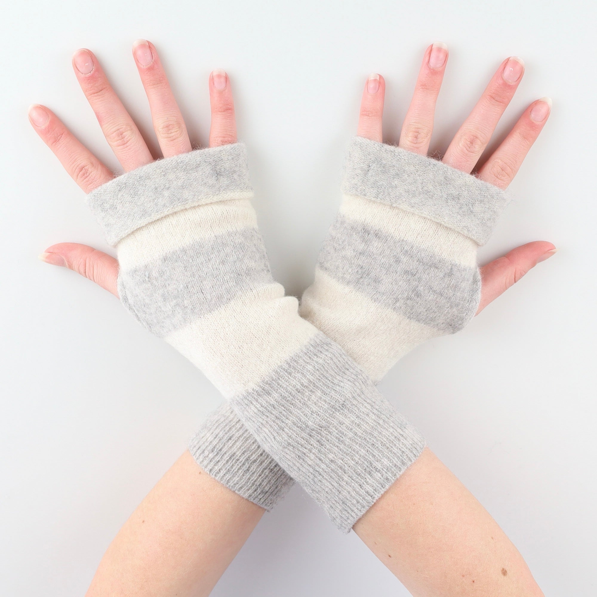 Grey and Cream Striped Fingerless Gloves