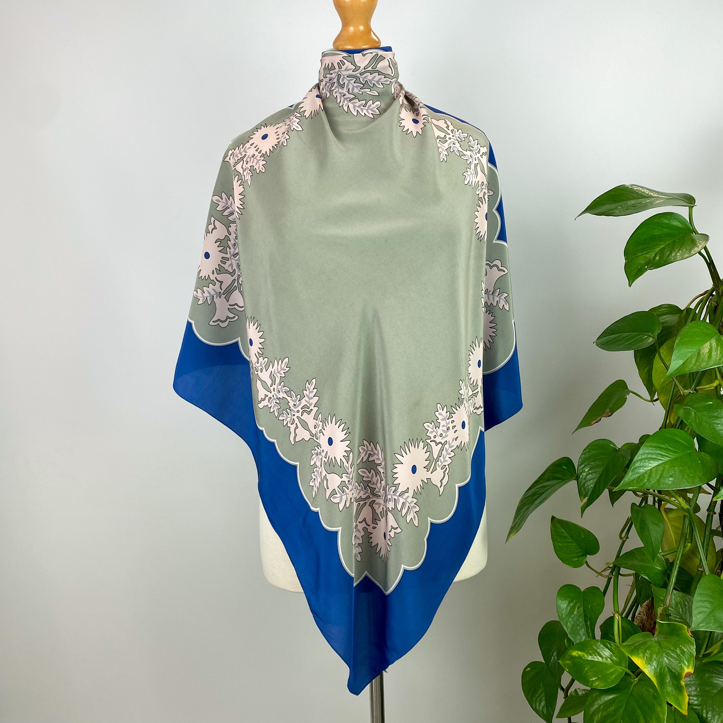 Blue and Grey Floral Silk Scarf