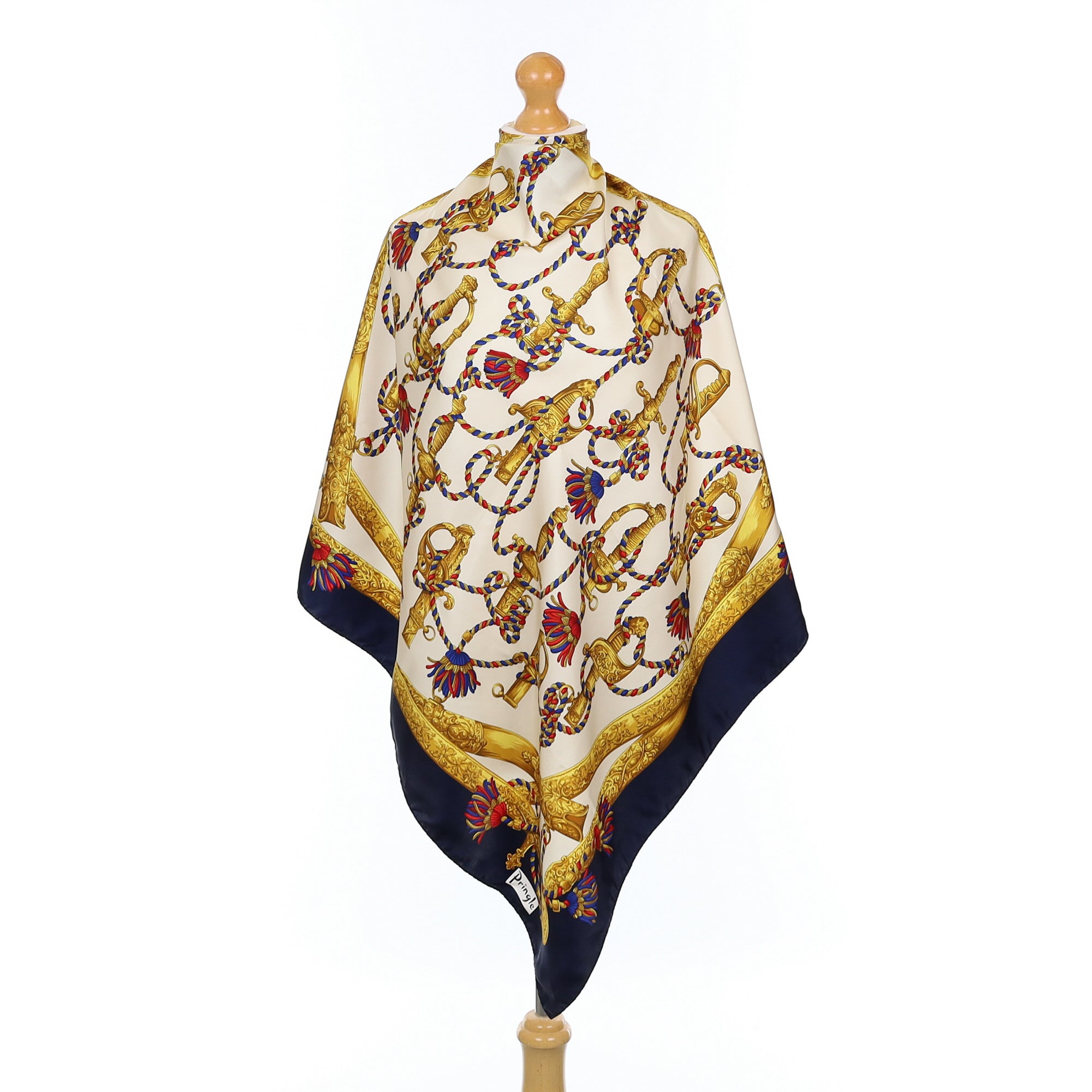 Pringle Navy Blue Tassle Silk Scarf