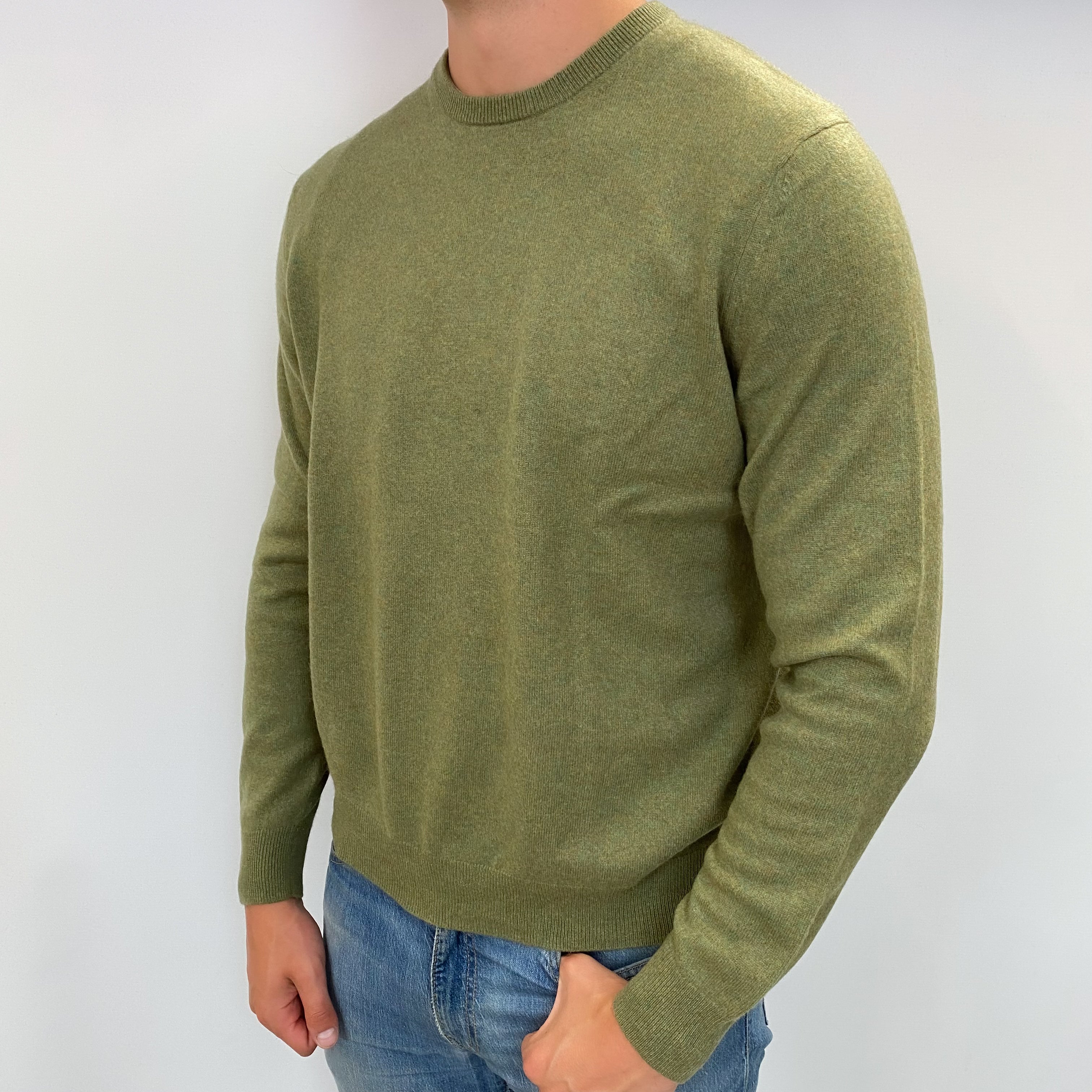 Men's Moss Green Marl Cashmere Crew Neck Jumper XL
