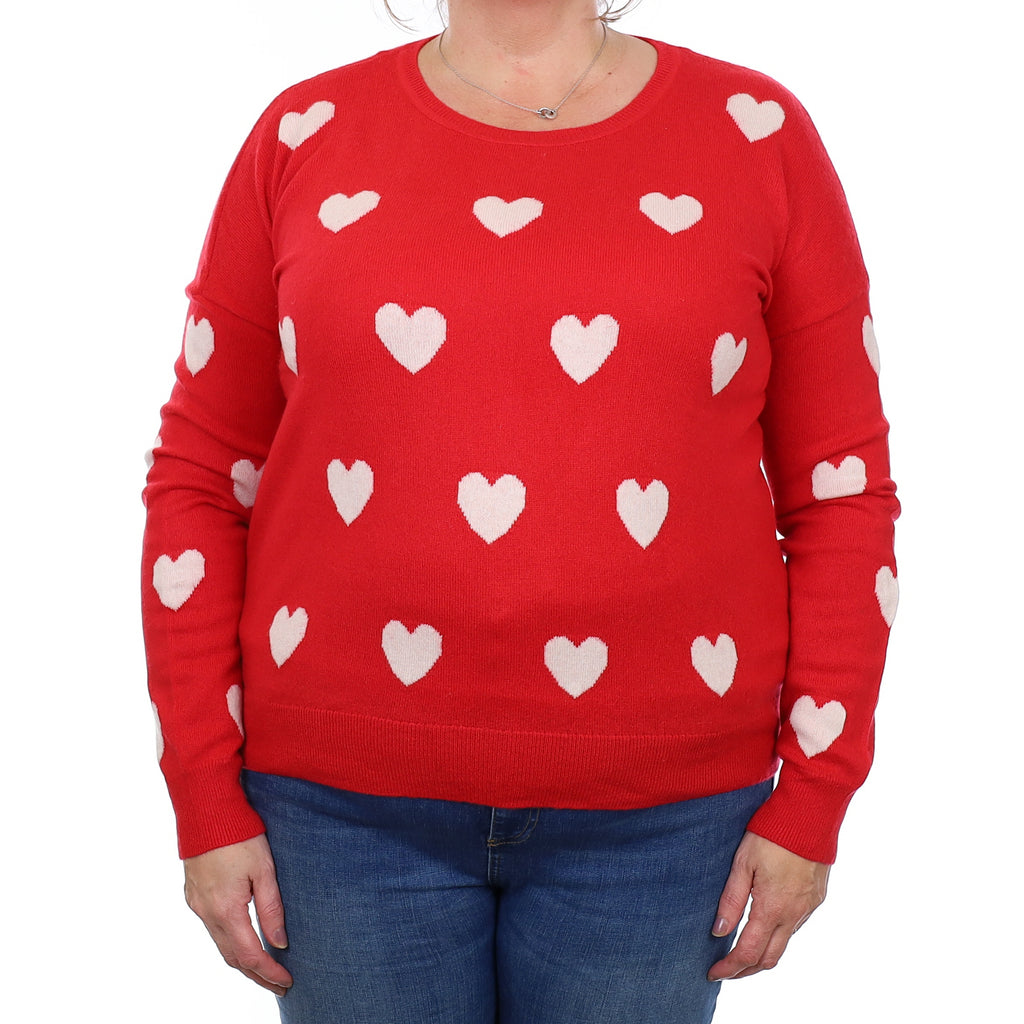 Red and Cream Heart Cashmere Crew Neck Jumper Extra Large