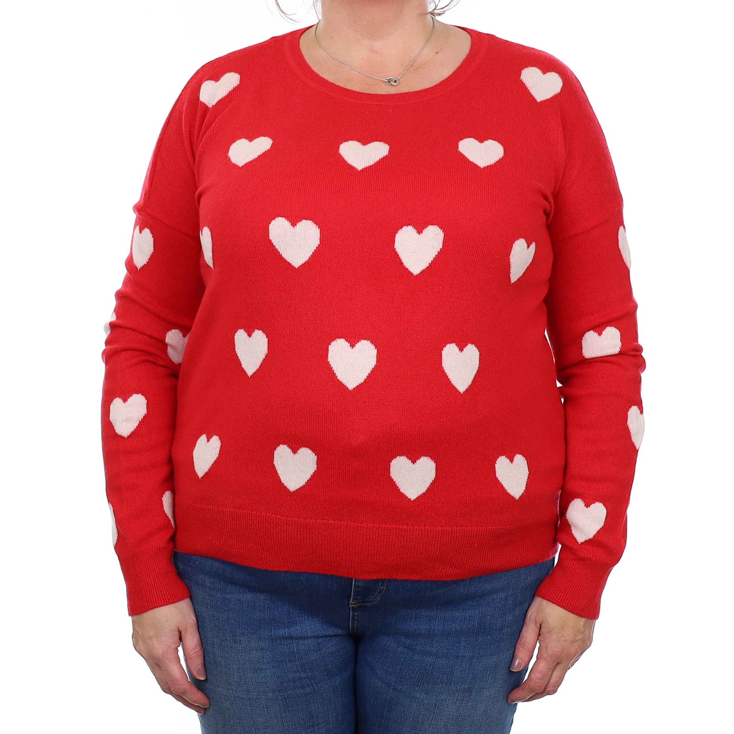Red and Cream Heart Cashmere Crew Neck Jumper Extra Large