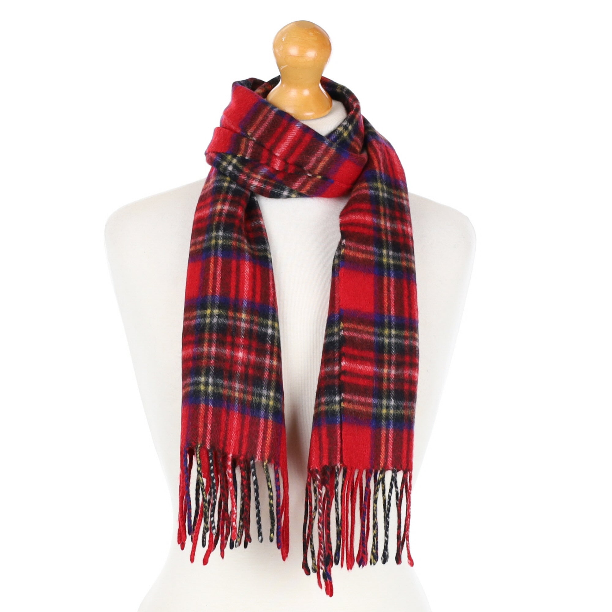 Red and Blue checked Cashmere Fringed Woven Scarf
