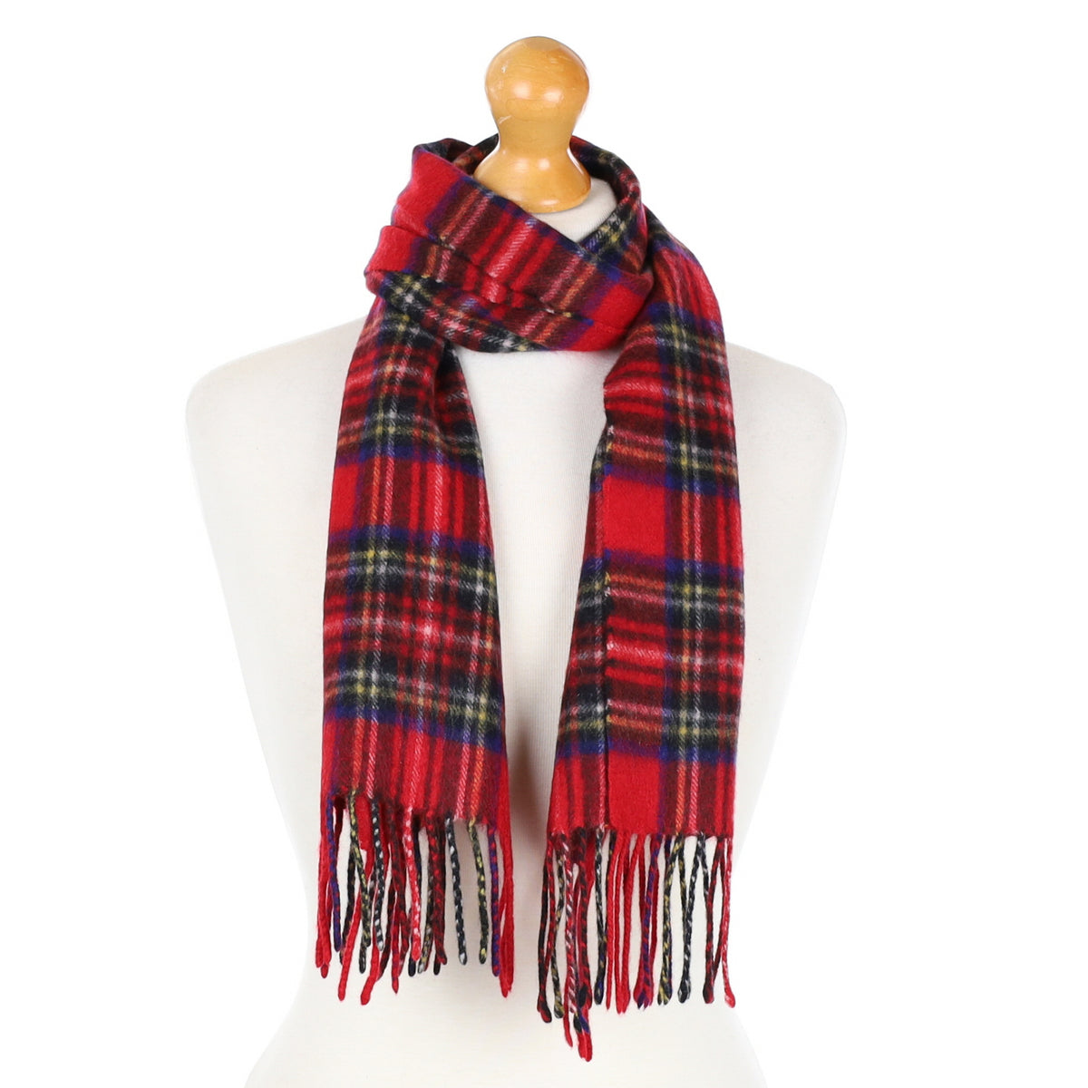 Red and Blue checked Cashmere Fringed Woven Scarf