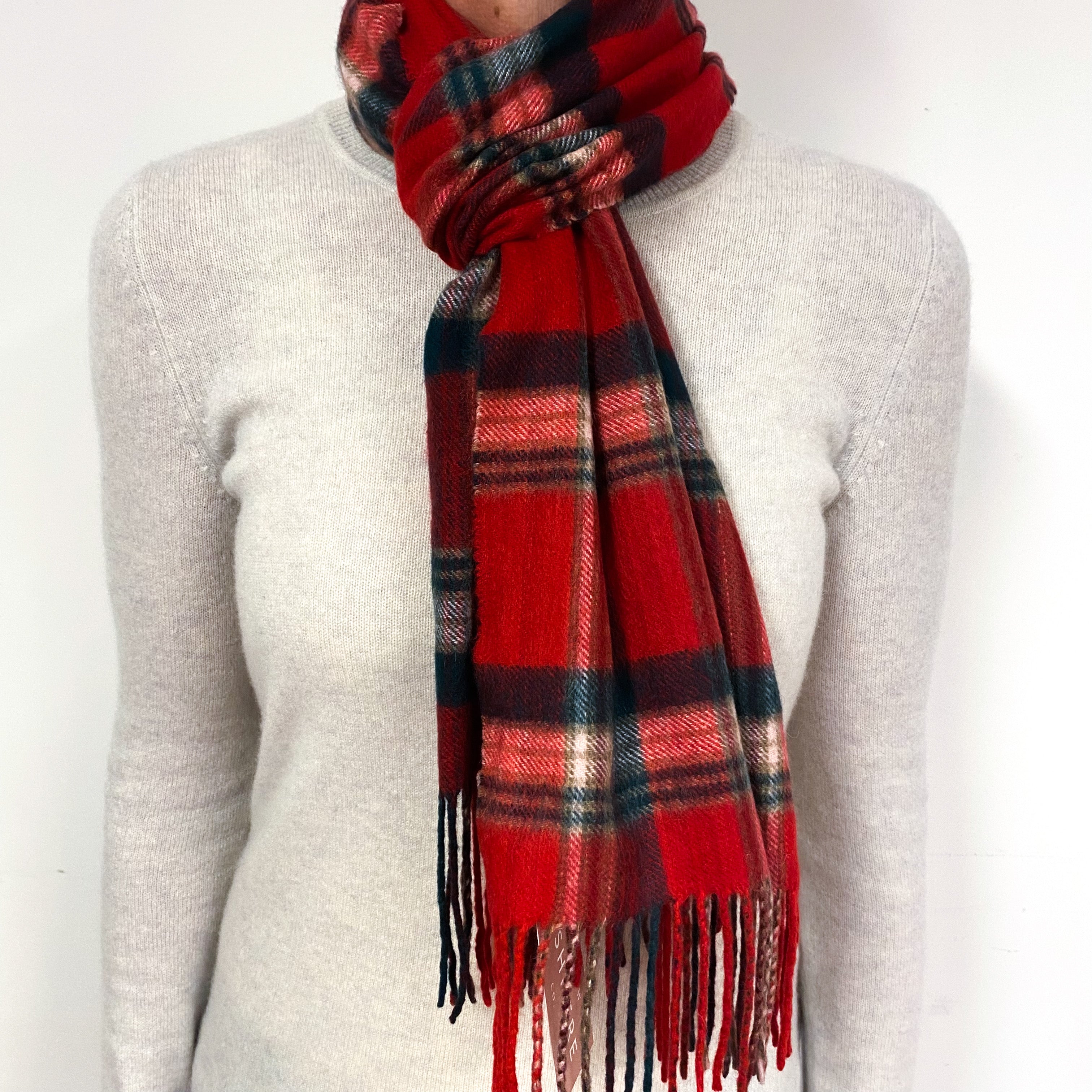 Red and Black Tartan Fringed Cashmere Woven Scarf