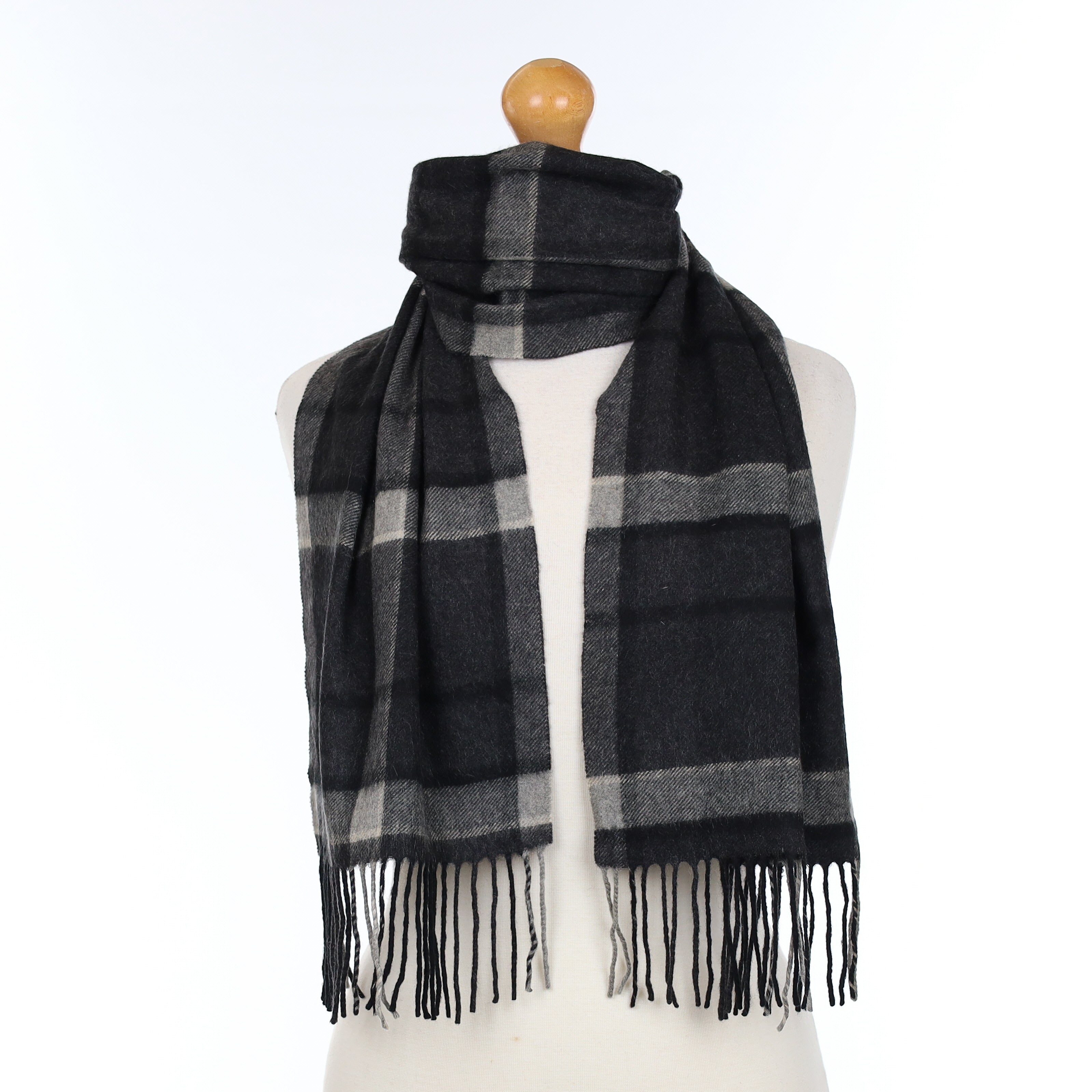 Black and Grey Checked Cashmere Woven Scarf
