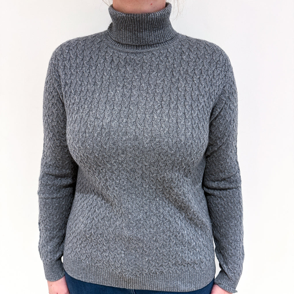 Steel Grey Cable Cashmere Polo Neck Jumper Large