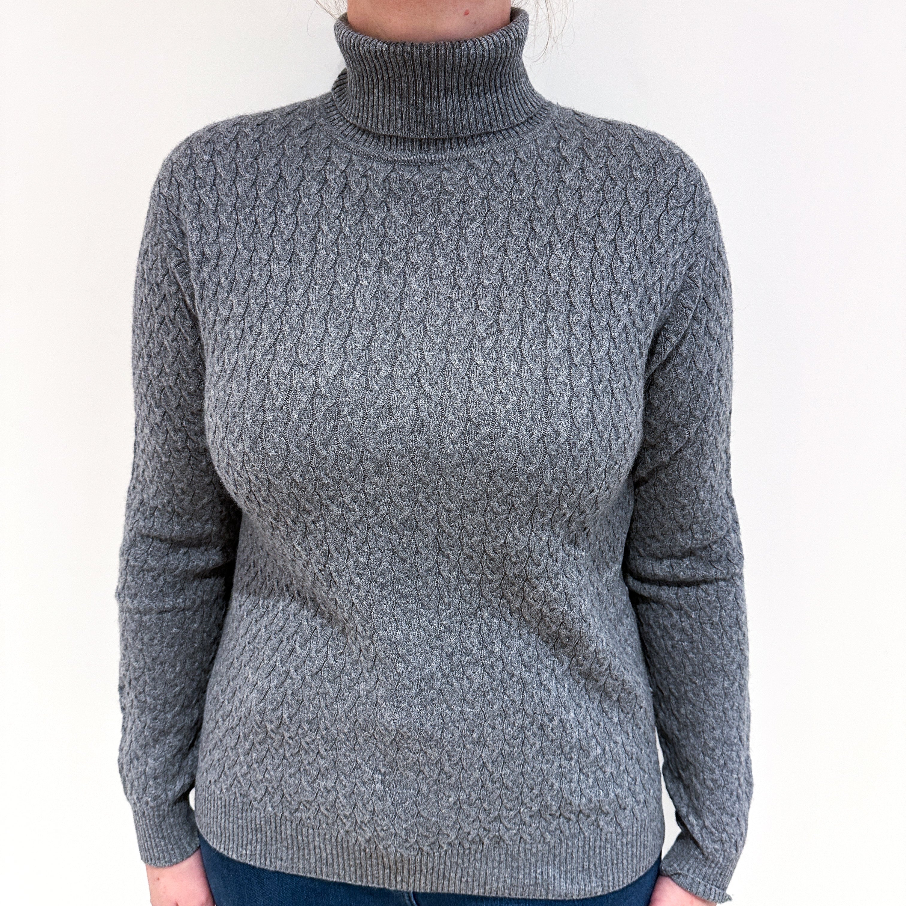 Steel Grey Cable Cashmere Polo Neck Jumper Large