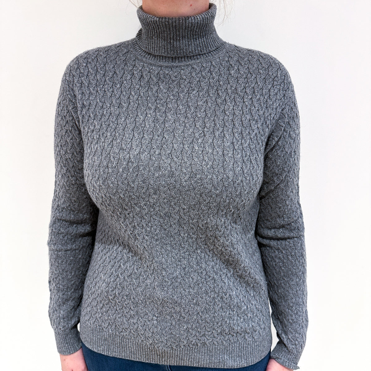 Steel Grey Cable Cashmere Polo Neck Jumper Large