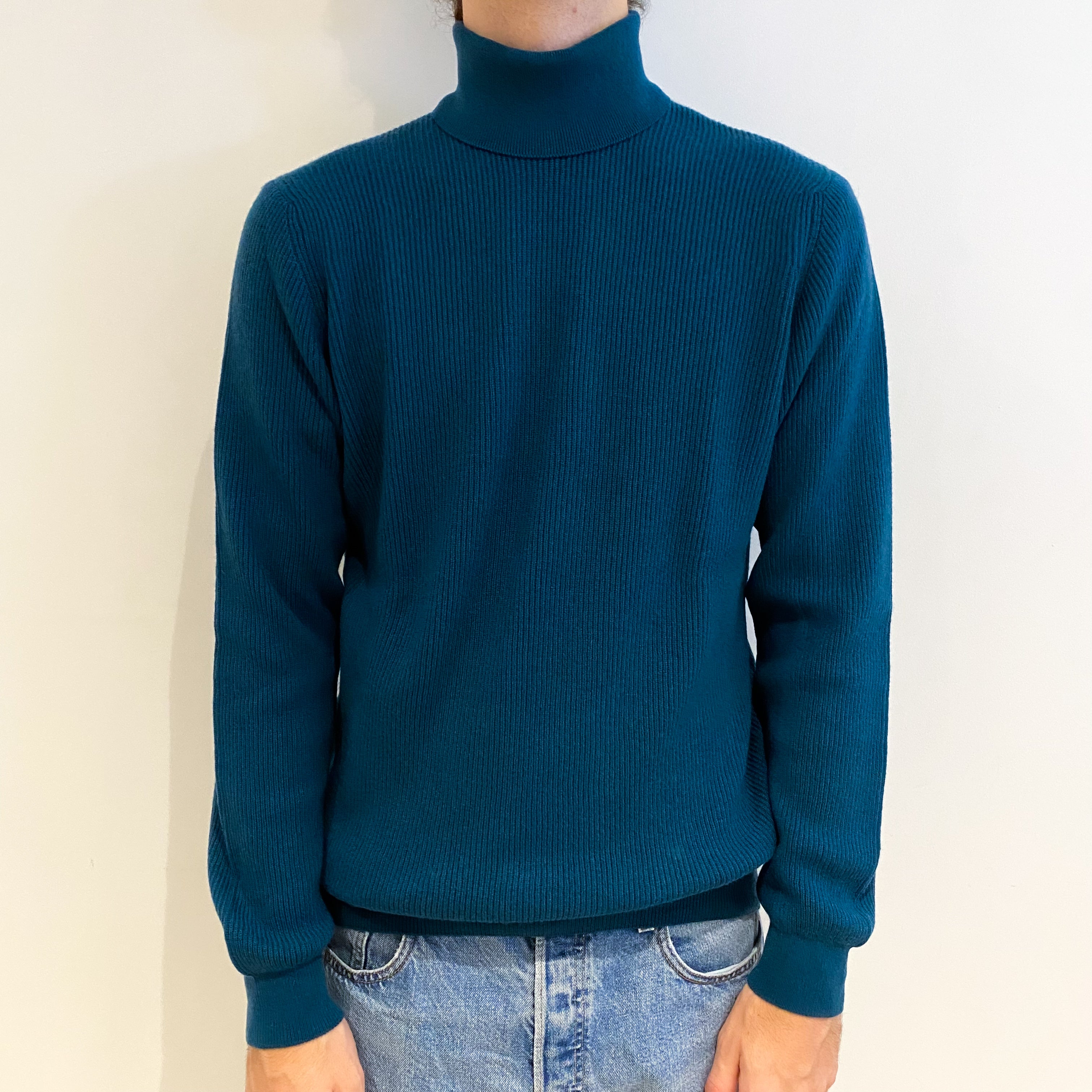 Men’s Brand New Scottish Peacock Green Rib Polo Neck Jumper Large