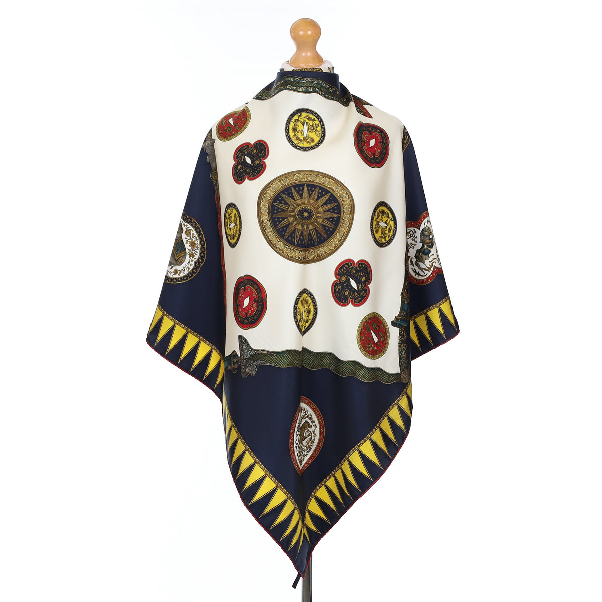 Etro Navy And Gold Ornate Patterned Silk Scarf