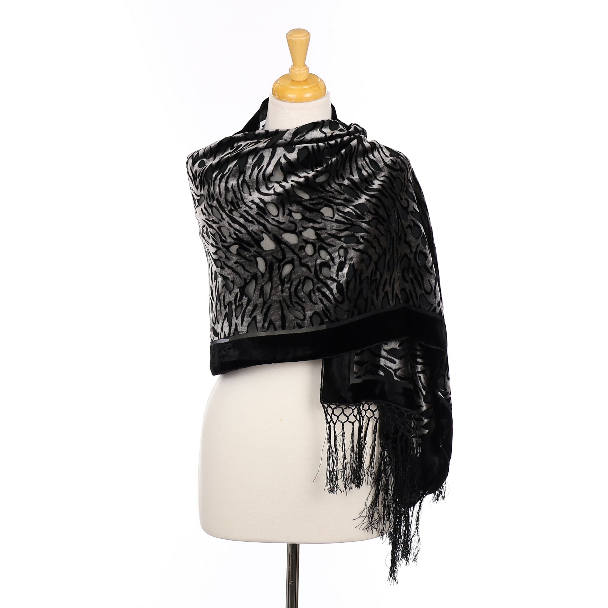 Velvet Animal Print Black and Grey Silk Scarf
