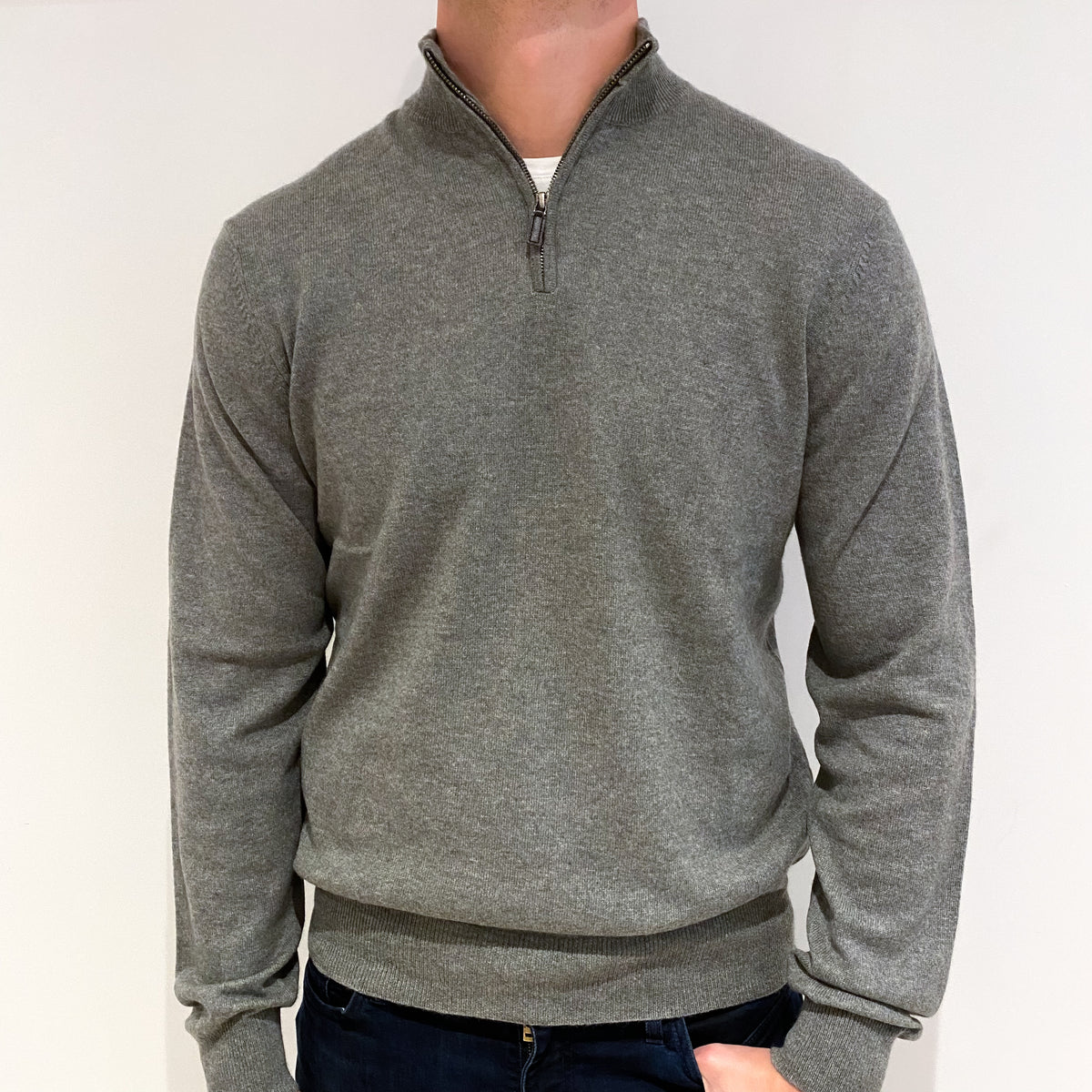 Men's Light Khaki Cashmere 1/4 Zip Neck Jumper Extra Large