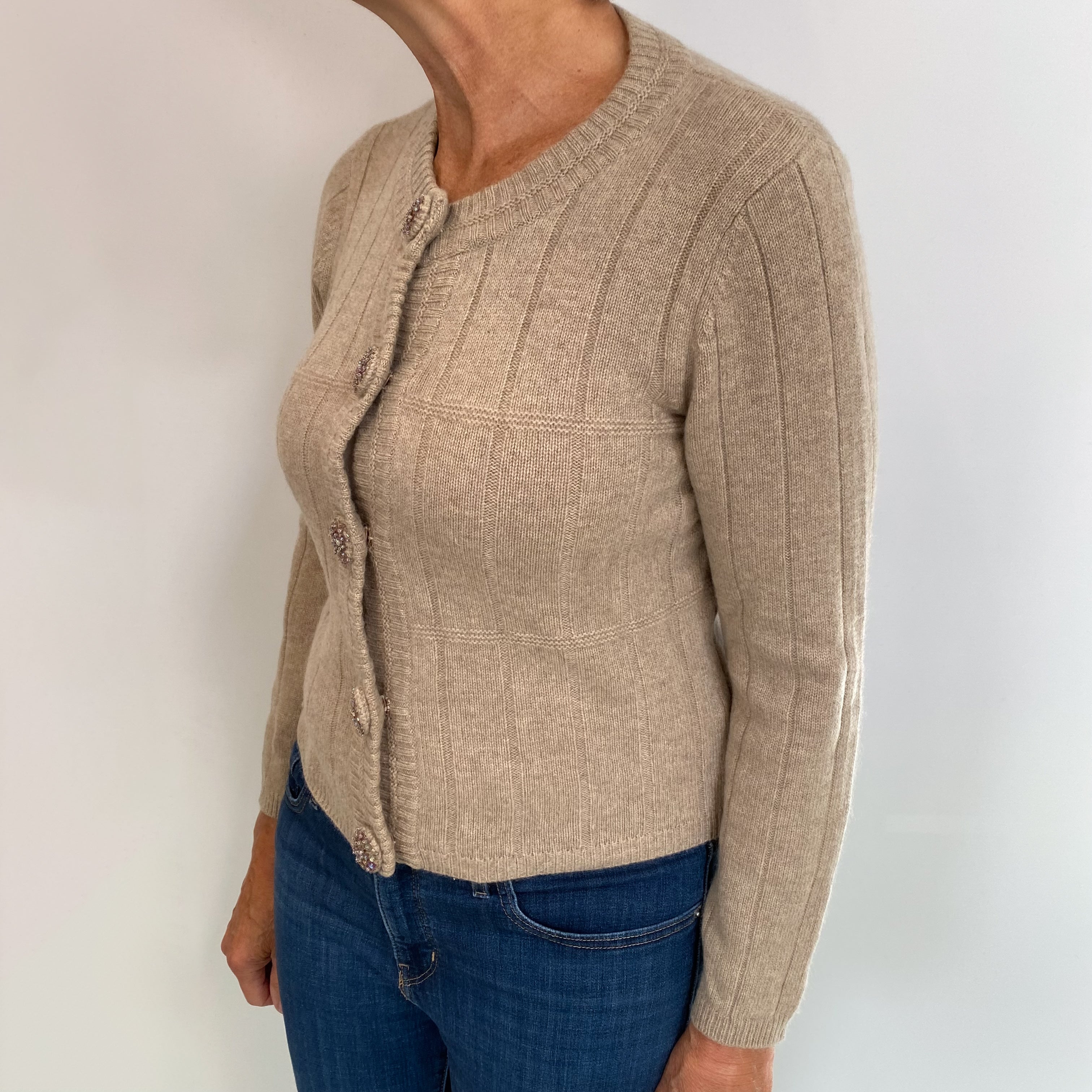 Fawn Brown Cashmere Crew Neck Cardigan Medium