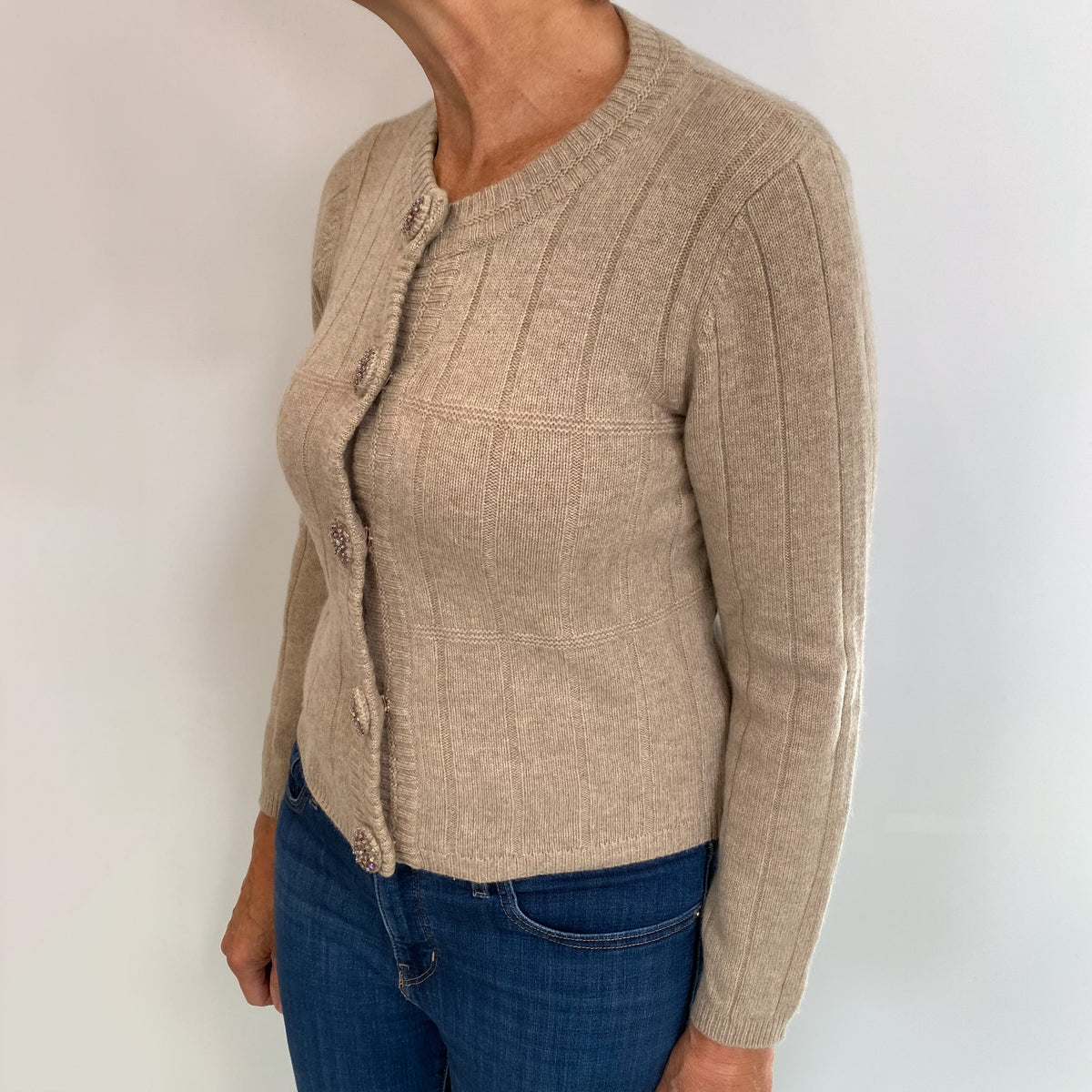 Fawn Brown Cashmere Crew Neck Cardigan Medium