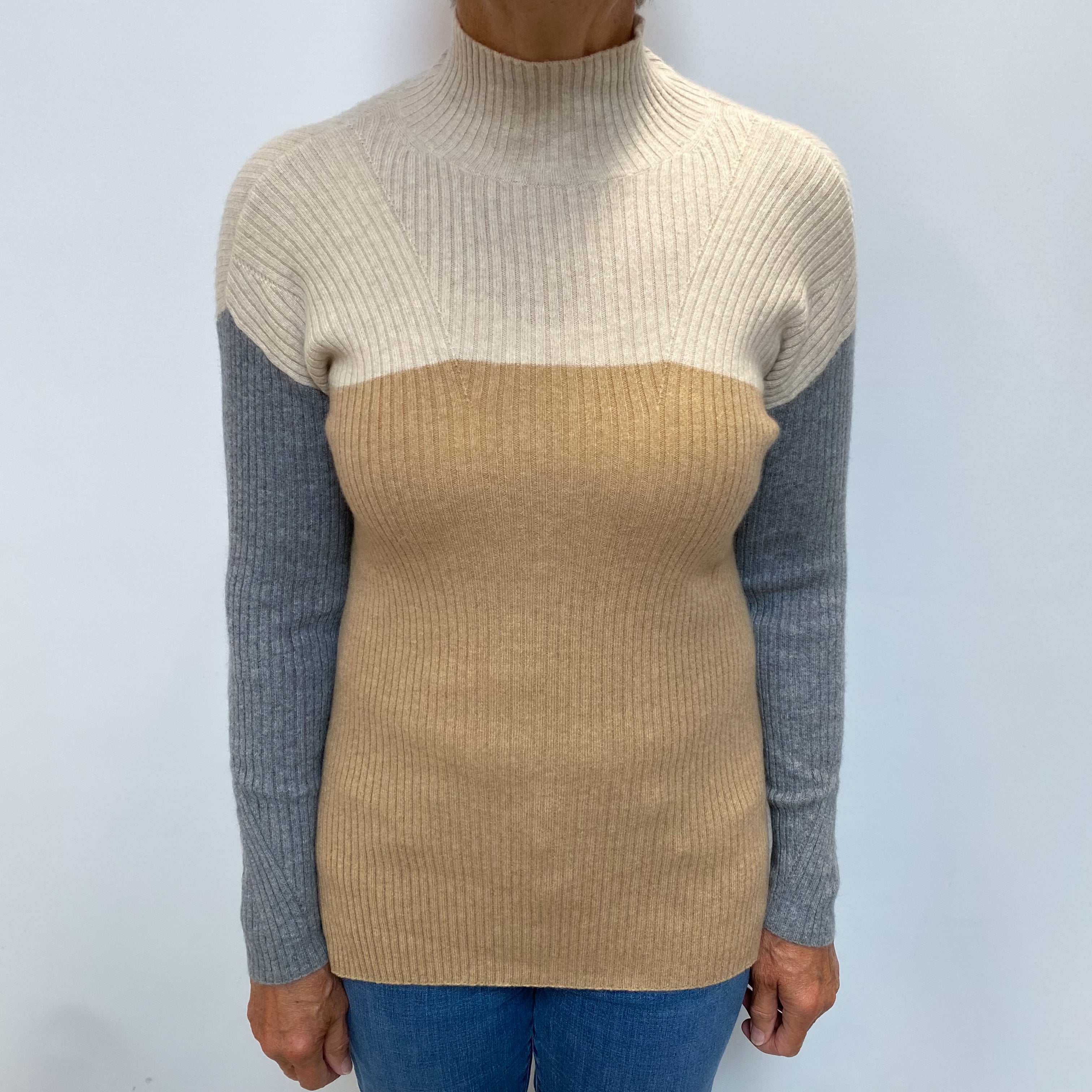Caramel Brown Colourblock Cashmere Turtle Neck Jumper Medium