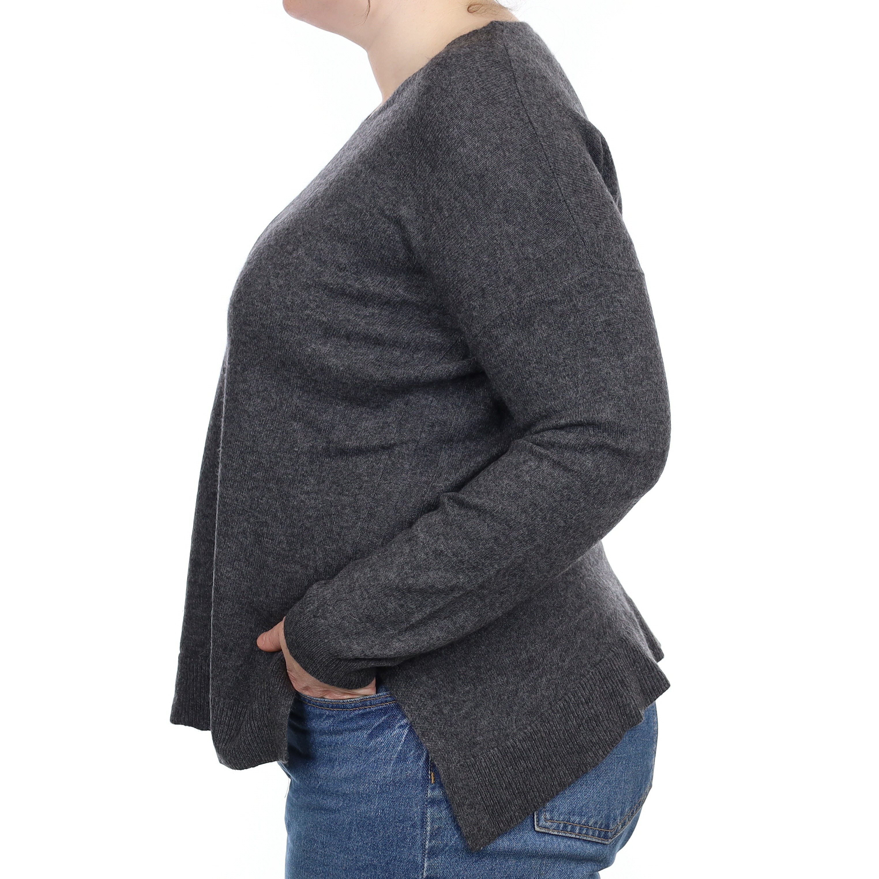 Slate Grey Cashmere Longline V Neck Jumper Large