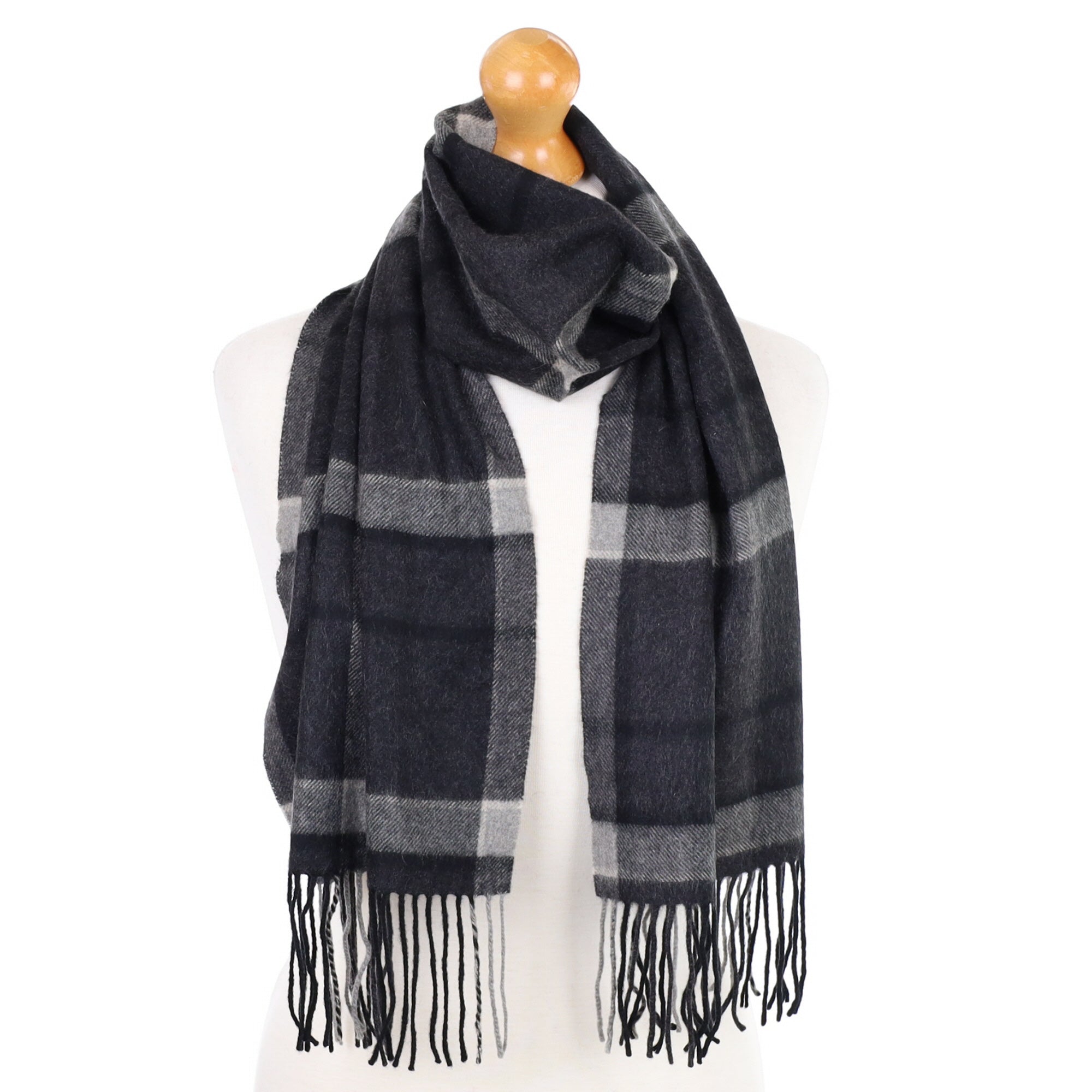 Charcoal Checked Fringed Cashmere Woven Scarf