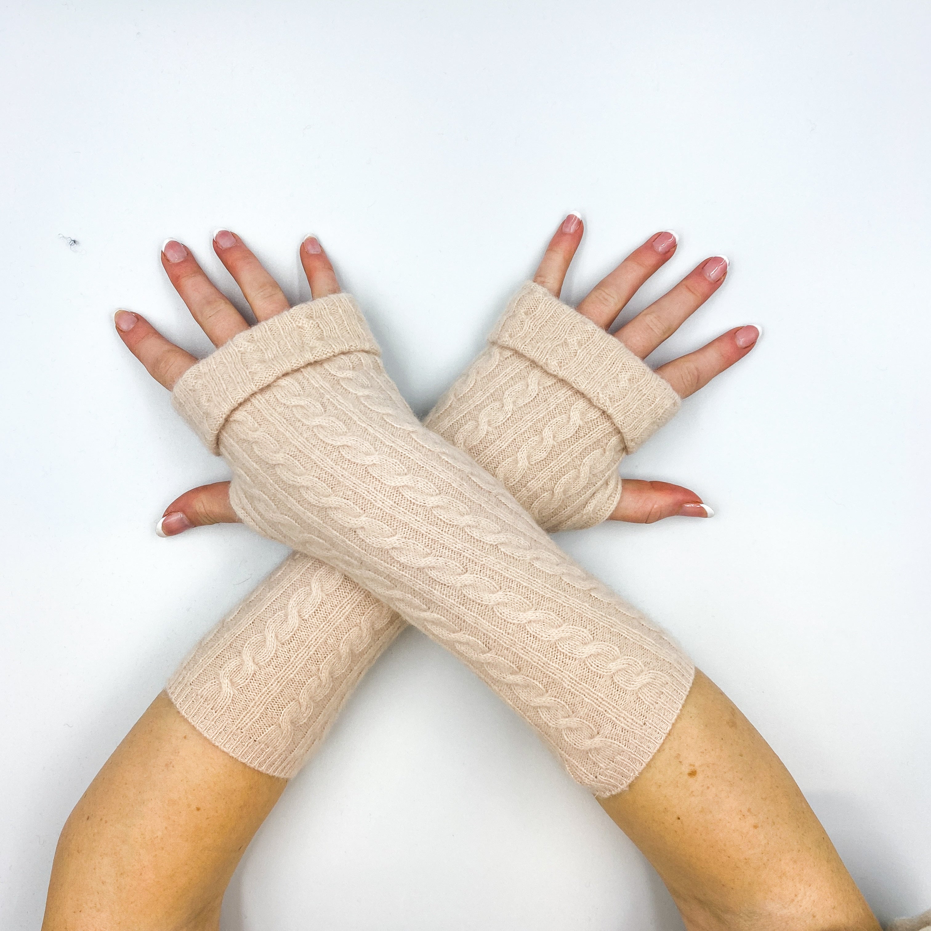 Palest Pink Cable Fingerless Gloves