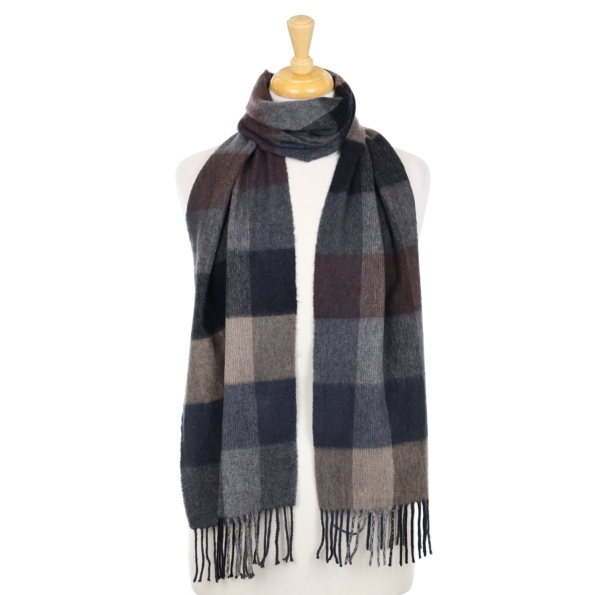 Grey and Brown Check Woven Cashmere Scarf