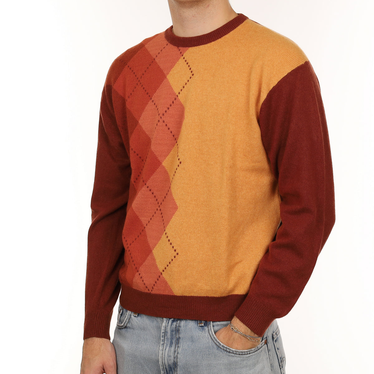 Men's Rust Orange Diamond Cashmere Crew Neck Jumper Large