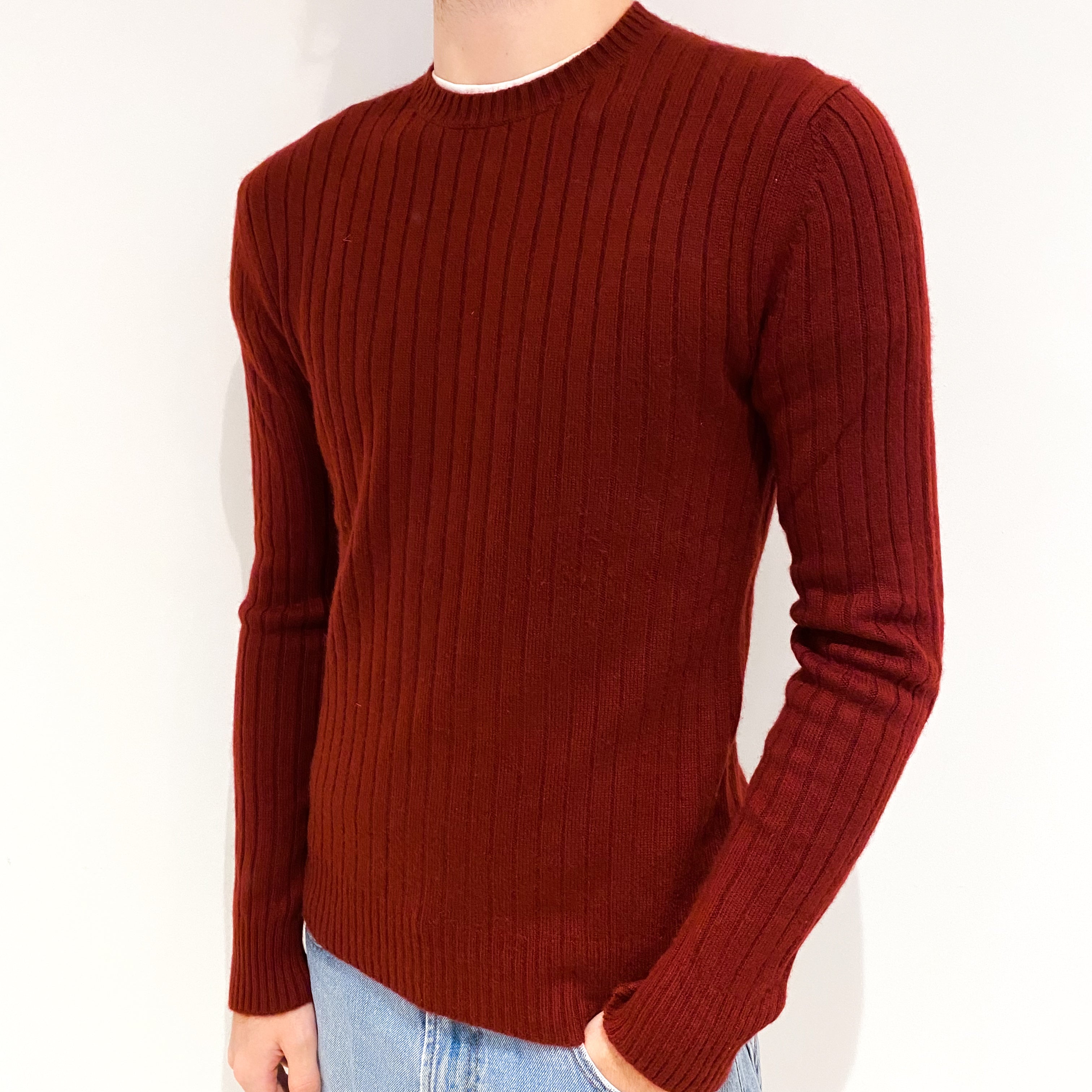 Men’s Burgundy Red Ribbed Heavy knit Cashmere Crew Neck Jumper Medium
